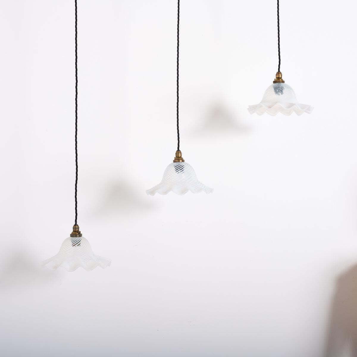 Elegant Vaseline Iridescent Glass Spiral Tulip Shades With Frilled Edges photo for sale