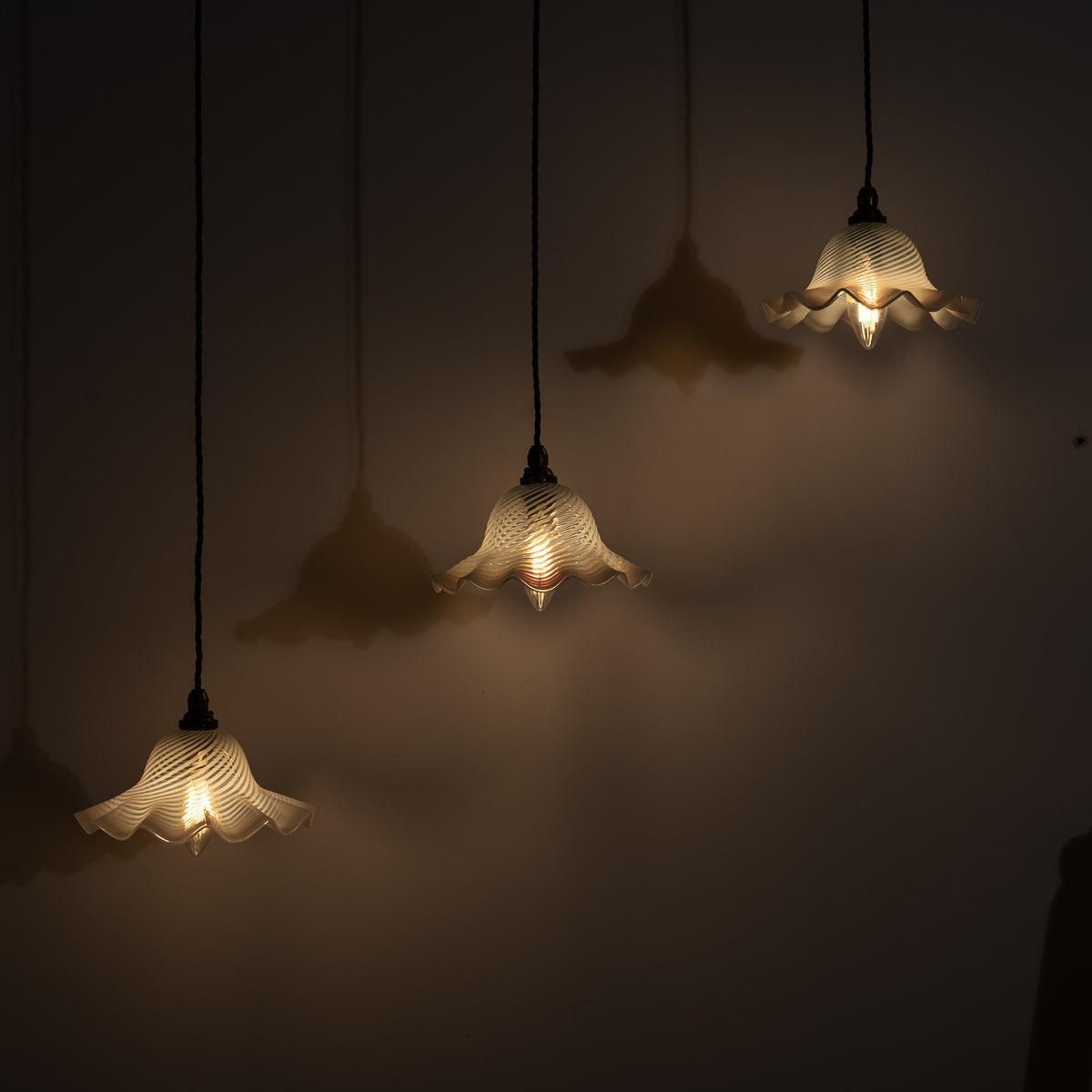 Elegant Vaseline Iridescent Glass Spiral Tulip Shades With Frilled Edges photo Lighting