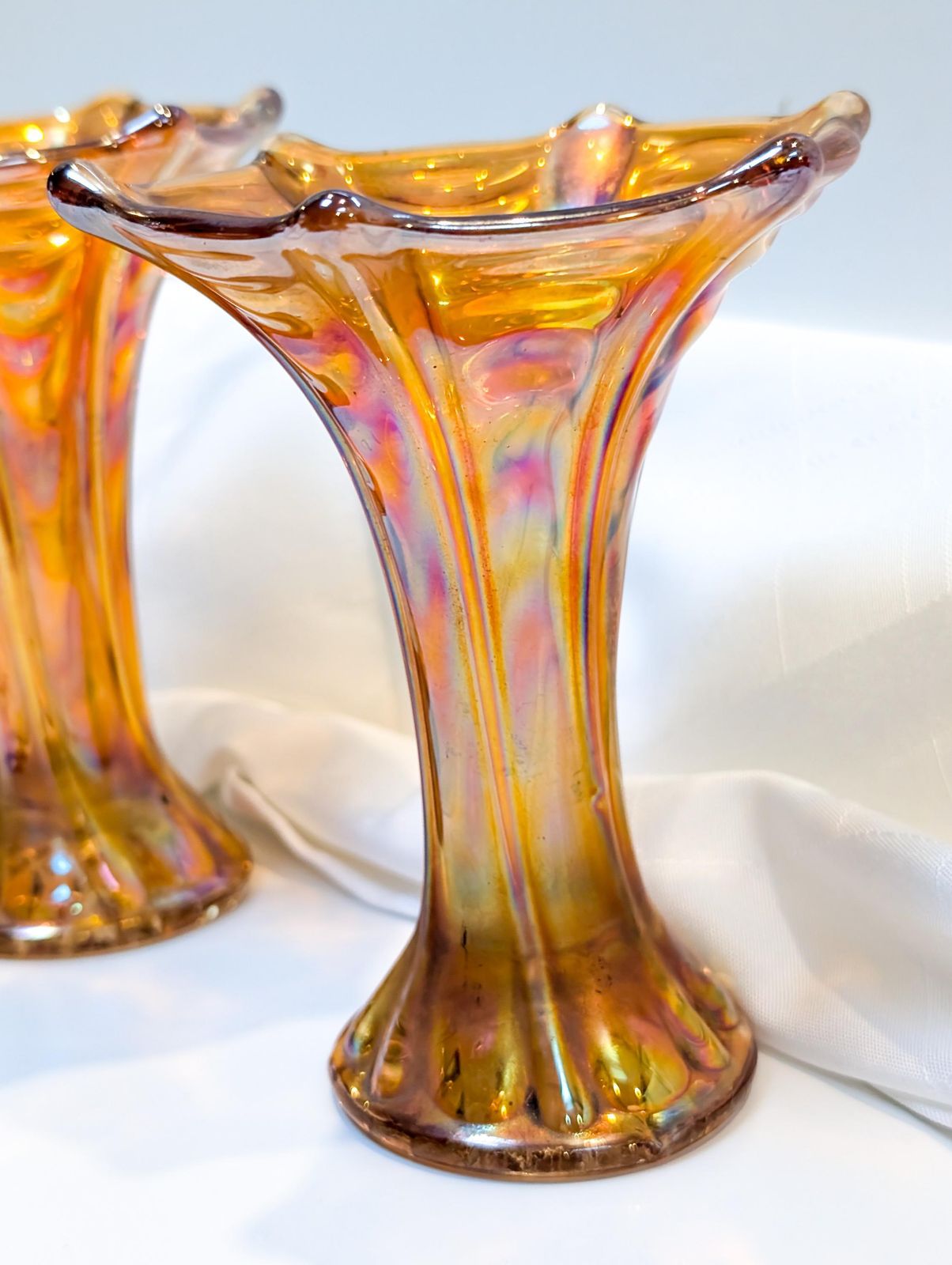 Pair Of Fenton Imperial Marigold Carnival Glass Bud Vases. Collectible Glass, Amber Glass, Vase, Carnival, Fenton, Imperial Mid Century photo Home Decor