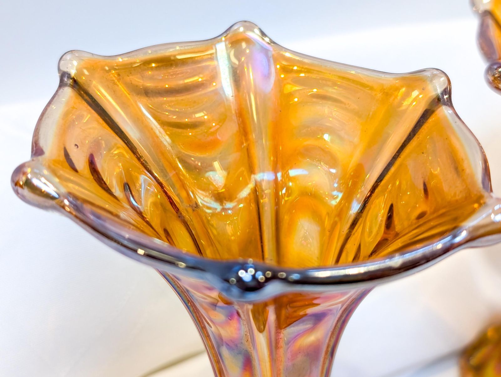 Pair Of Fenton Imperial Marigold Carnival Glass Bud Vases. Collectible Glass, Amber Glass, Vase, Carnival, Fenton, Imperial Mid Century photo buy