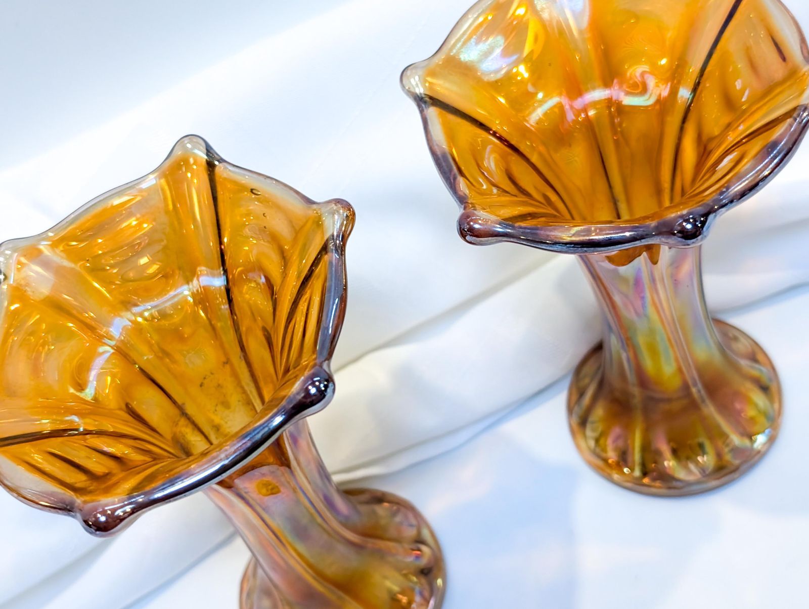 photo furniture Pair Of Fenton Imperial Marigold Carnival Glass Bud Vases. Collectible Glass, Amber Glass, Vase, Carnival, Fenton, Imperial Mid Century