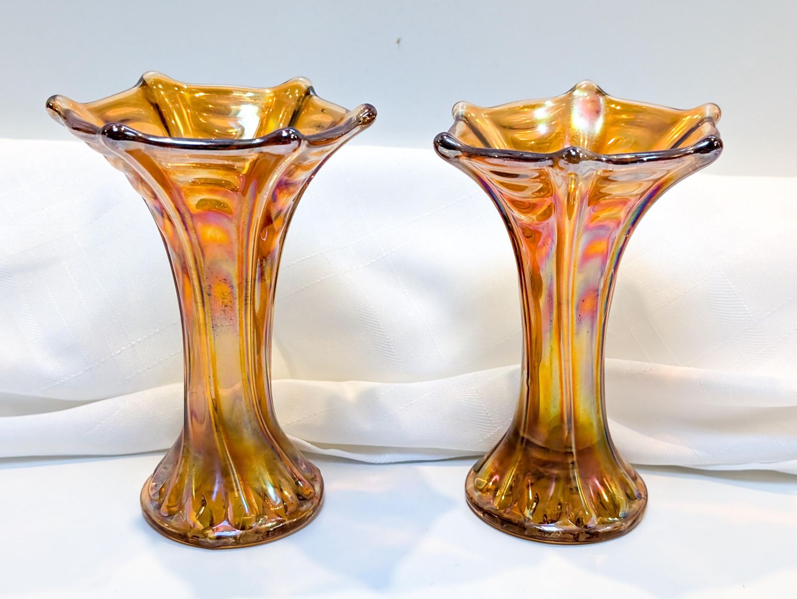 photo for sale Pair Of Fenton Imperial Marigold Carnival Glass Bud Vases. Collectible Glass, Amber Glass, Vase, Carnival, Fenton, Imperial Mid Century