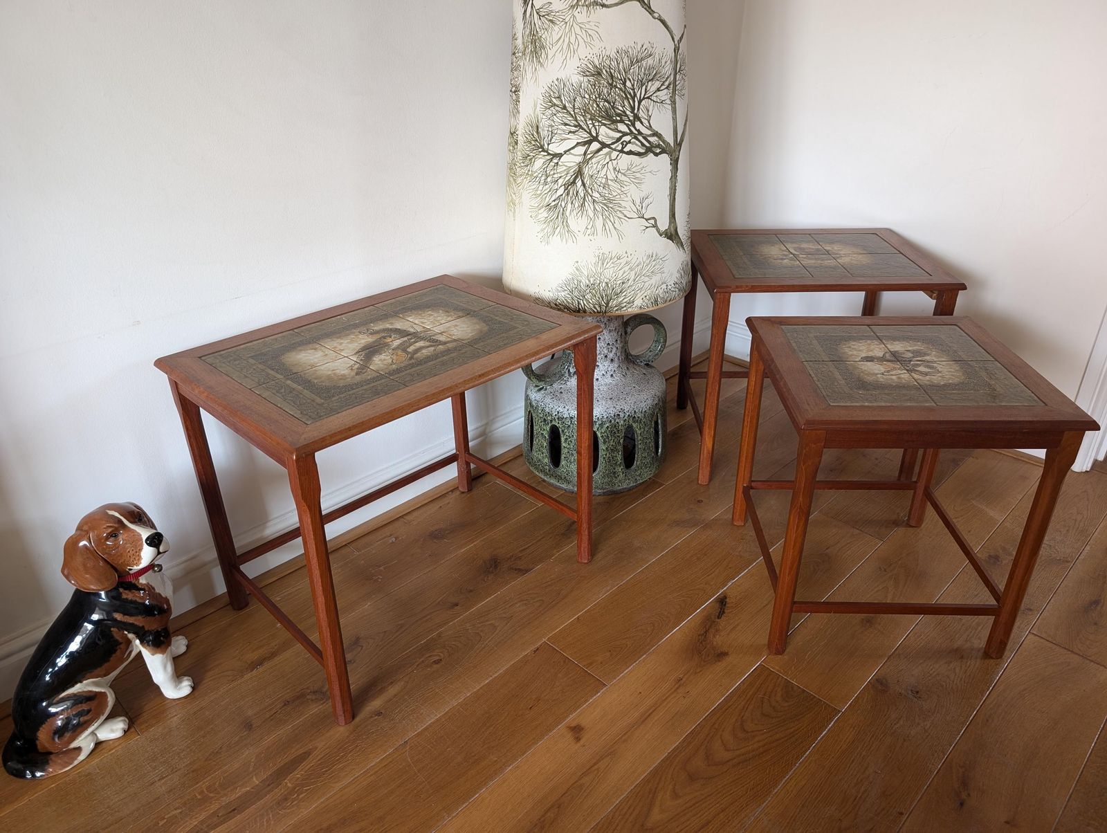 Mid Century 1960s Mobelfabrikkken Toften Danish Nest Of Tiled Top Tables. Amazing Vintage Condition. Mid Century Modern With Bird Design. photo 145.0