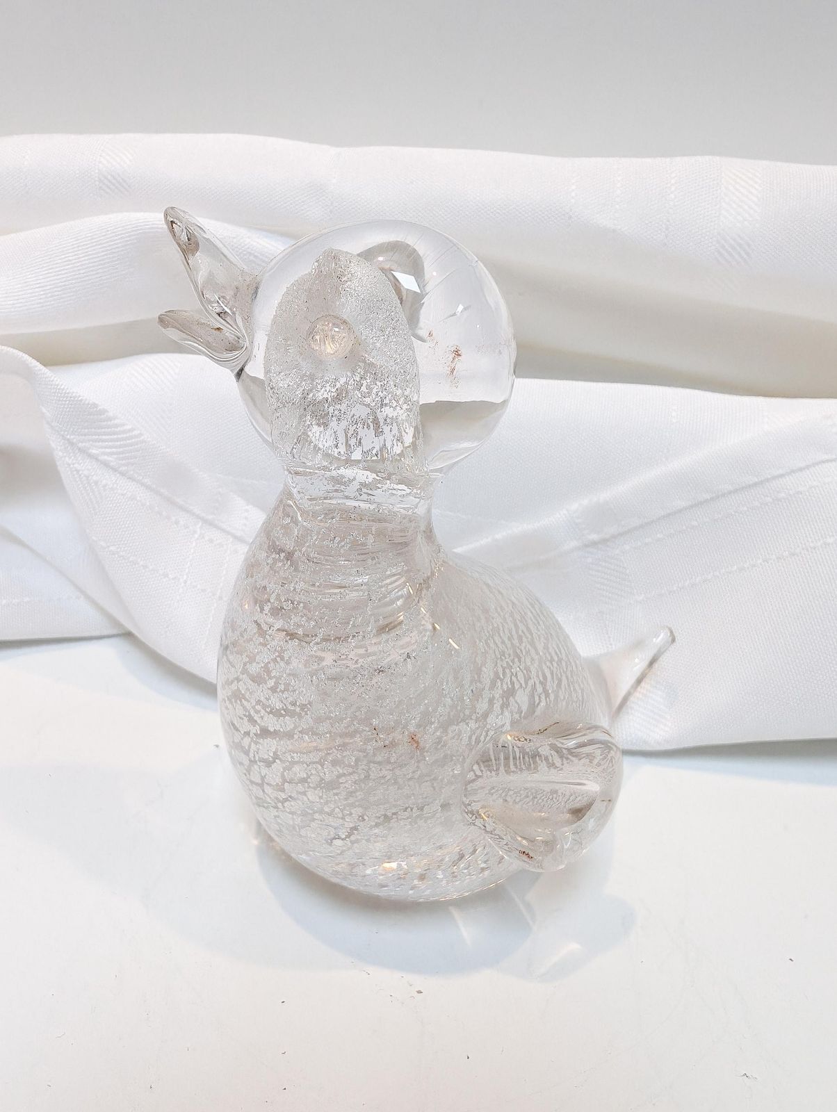 Rare Archimede Seguso 1980s Murano Glass Duck, Perfect Condition, Silver Spangles Throughout. Bubble Glass Effect With Original Red Label. photo vinterior
