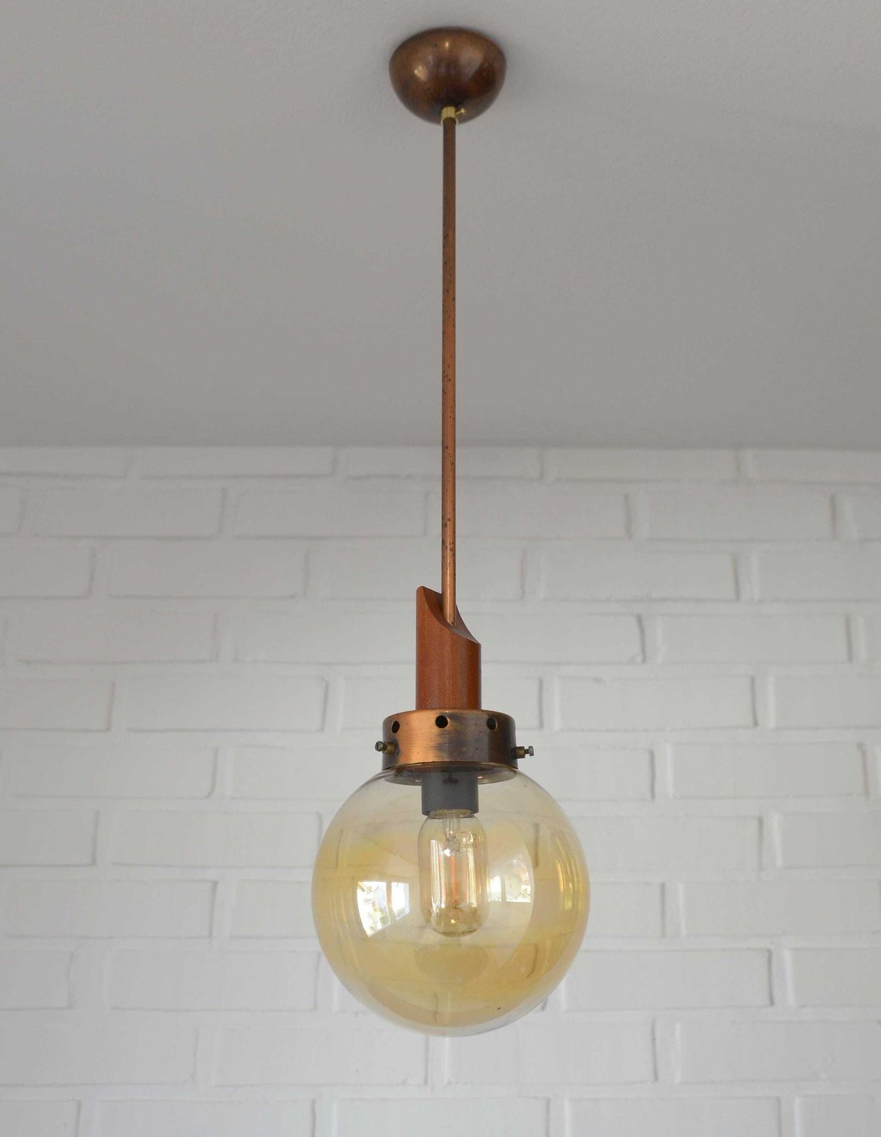 Vintage Pendant Light / Set Of 2 / Mid Century Rustic Lamp / Wooden Hanging Lamp / Yugoslavia 70 / Copper Ceiling Lighting / Farmhouse Lamp photo for sale