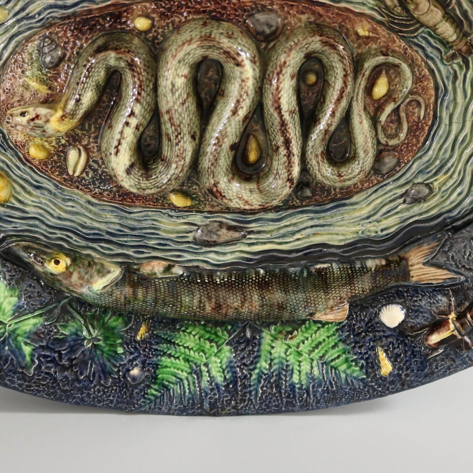 Large School Of Paris Palissy Majolica Wall Platter With Snake And Fish photo Art