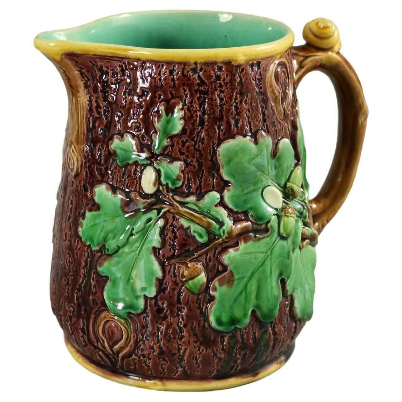Victorian Minton Majolica Oak Jug/Pitcher With Snail Handle