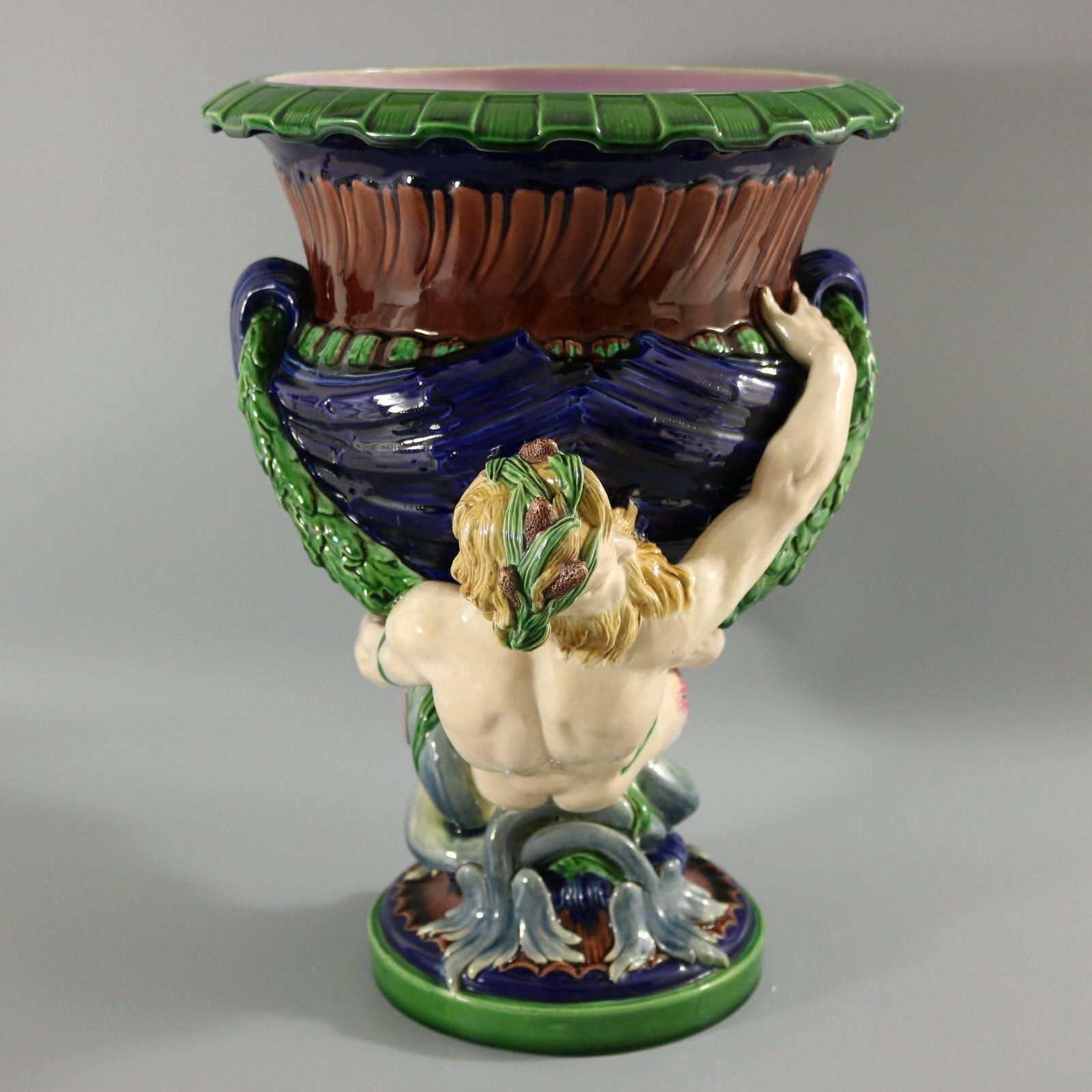 Victorian Minton Majolica Marine Mermen Jardiniere Pink Interior photo for sale