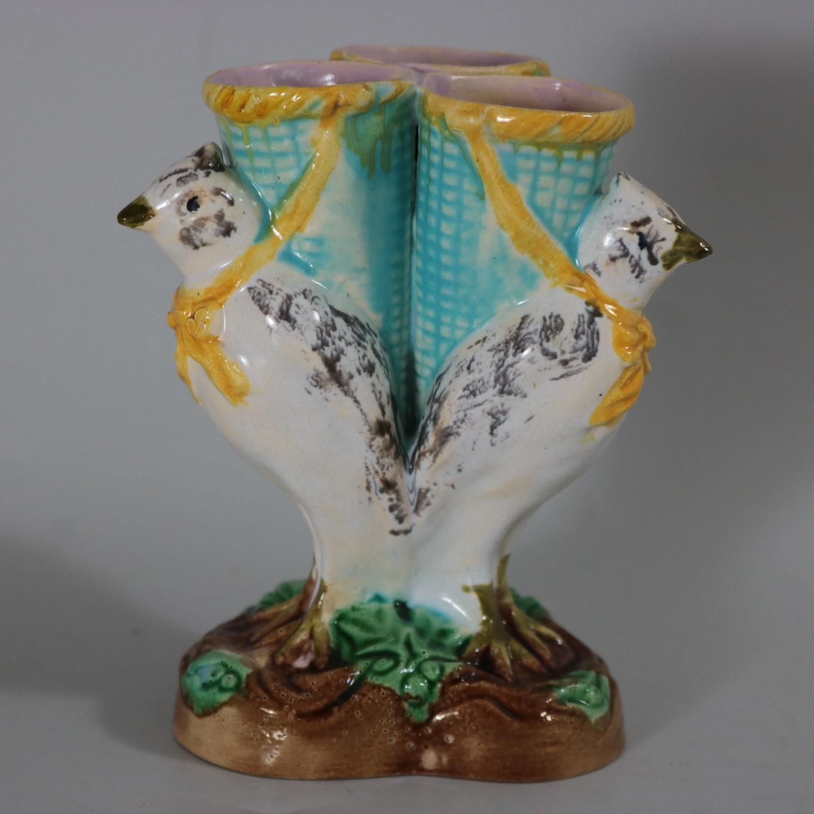 English Majolica Bird Triple Throated Vase photo furniture