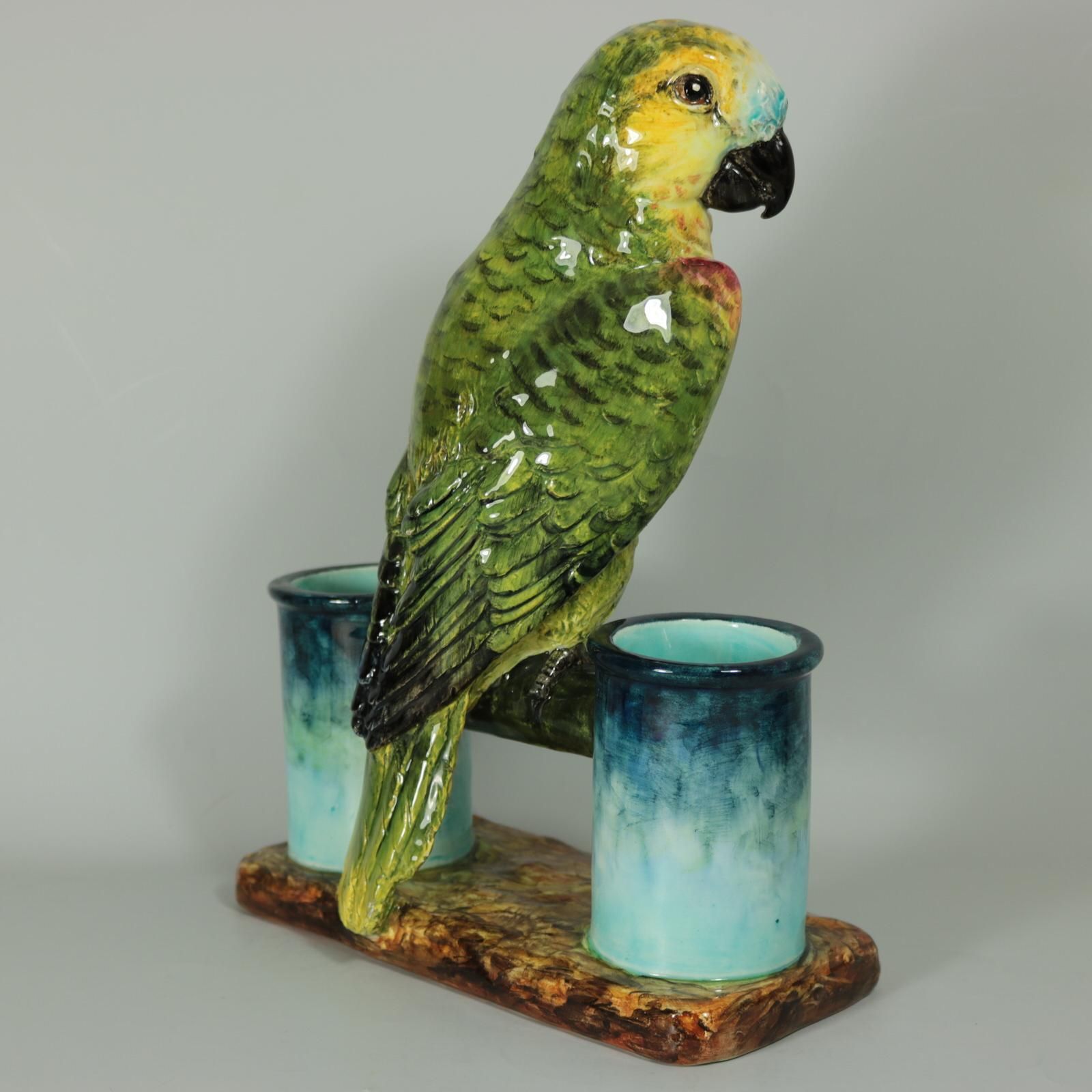 Delphin Massier Majolica Parrot Figural Vase photo vinterior