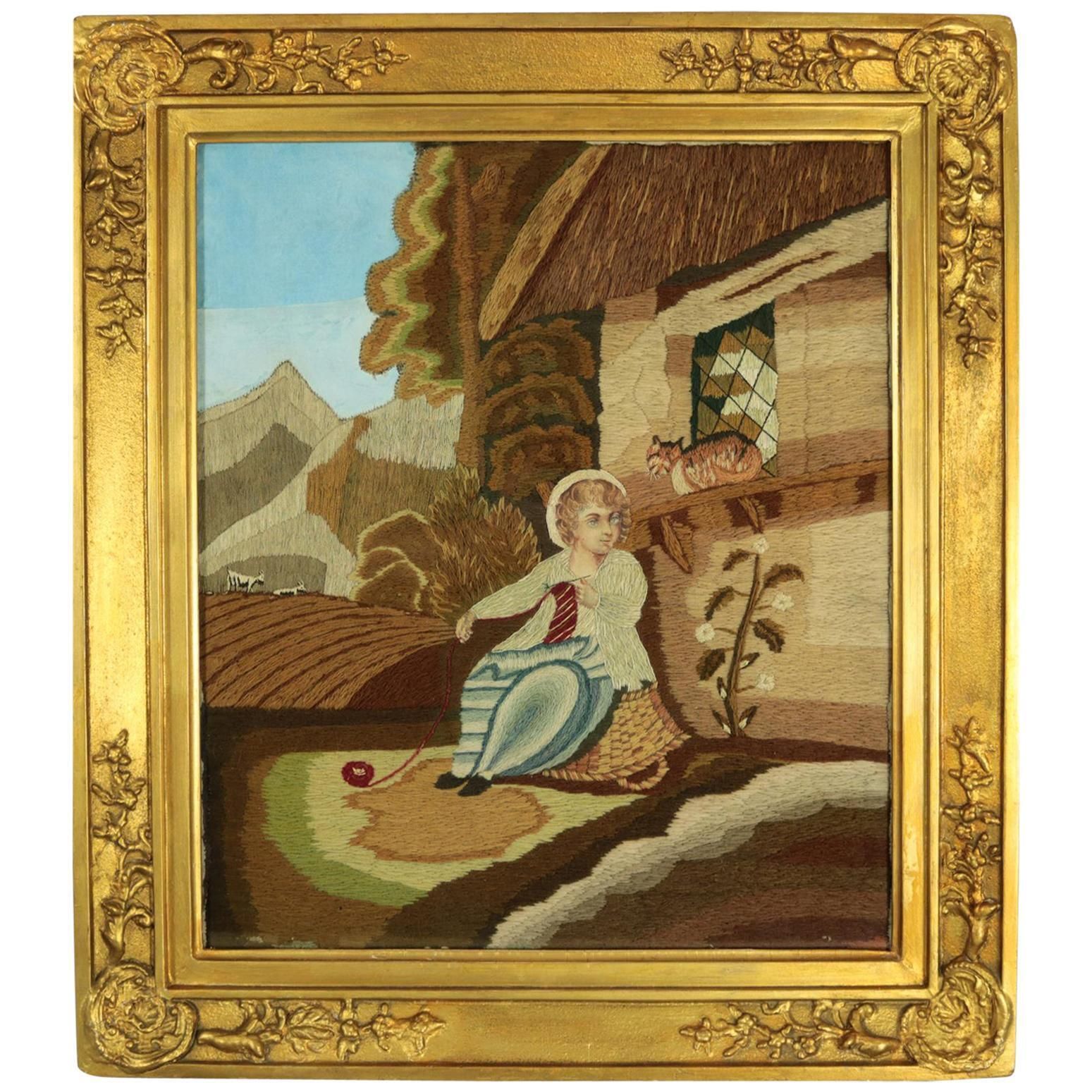 Georgian Woolwork Picture Of Child Playing With Cat