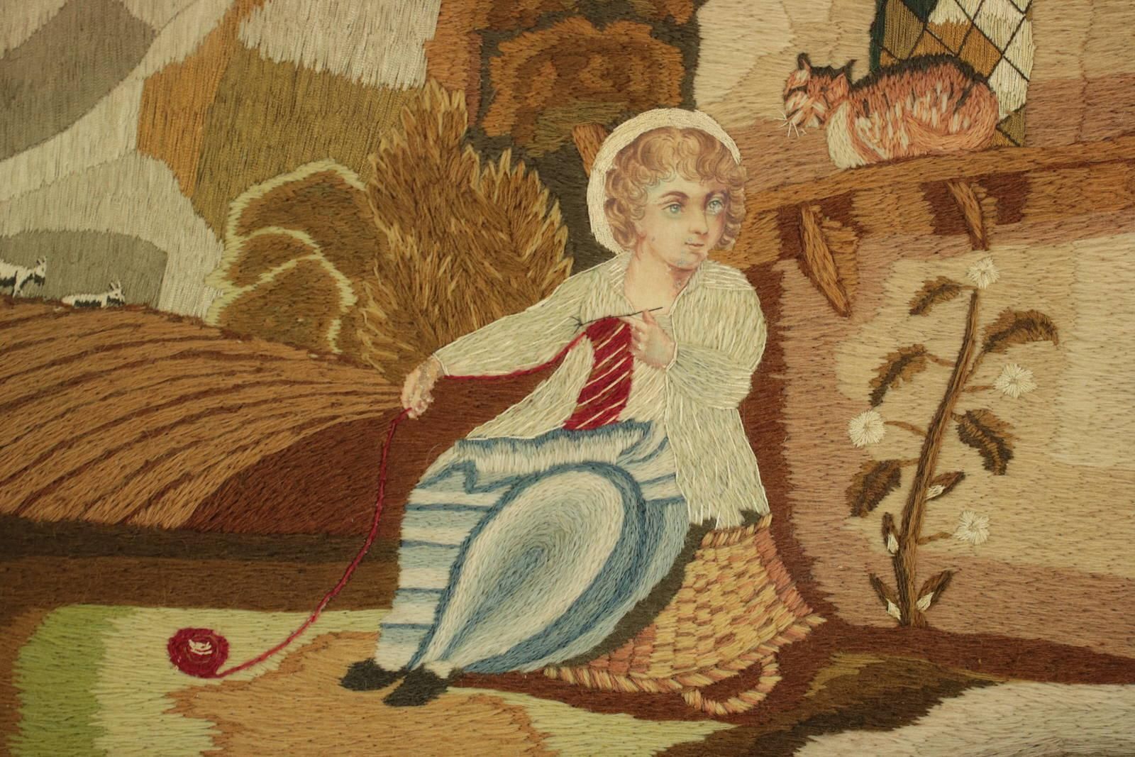 Georgian Woolwork Picture Of Child Playing With Cat photo 814.0