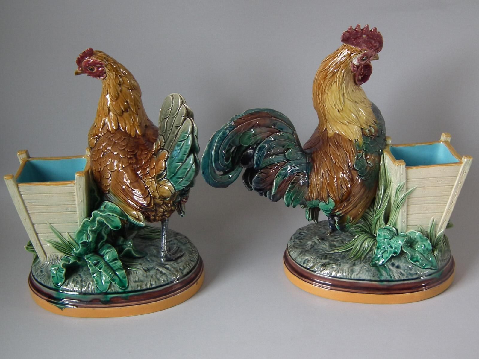 Pair Of Minton Majolica Hen And Rooster Vases By John Henk photo for sale