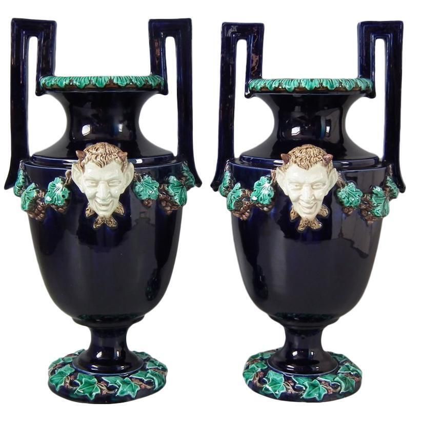 Pair Of Hugo Lonitz Majolica Satyr Vases