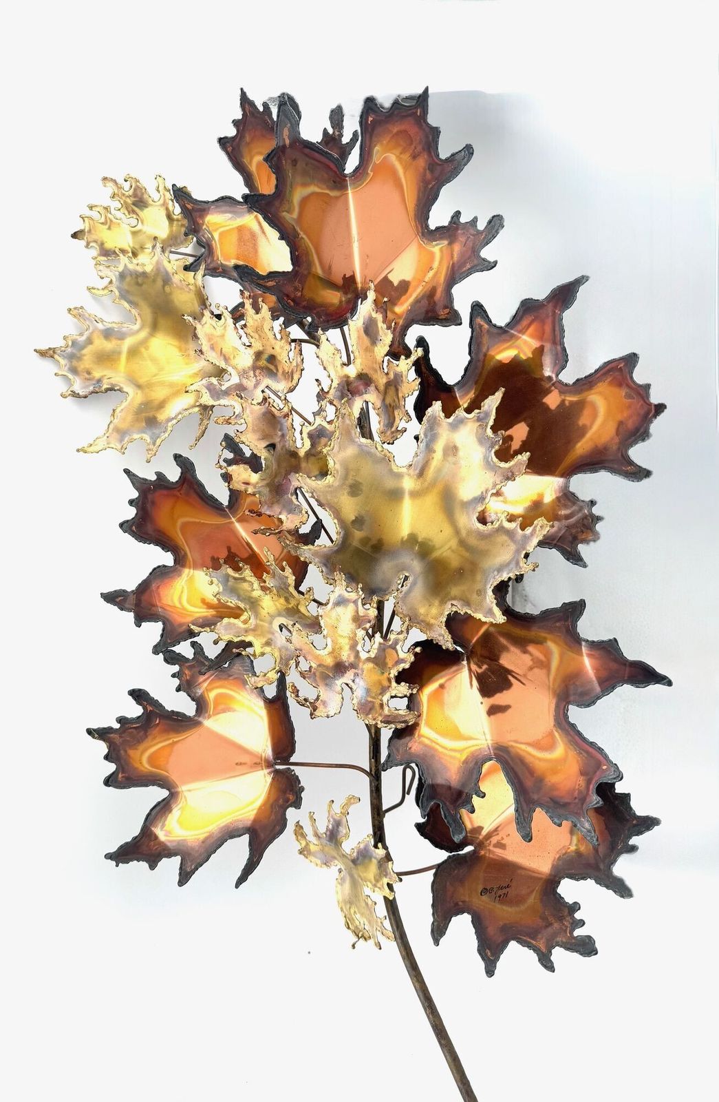 A Pair Of Large 1970s Curtis Jere Torch Cut Brass And Bronze Maple Leaf Sculptures photo vintage