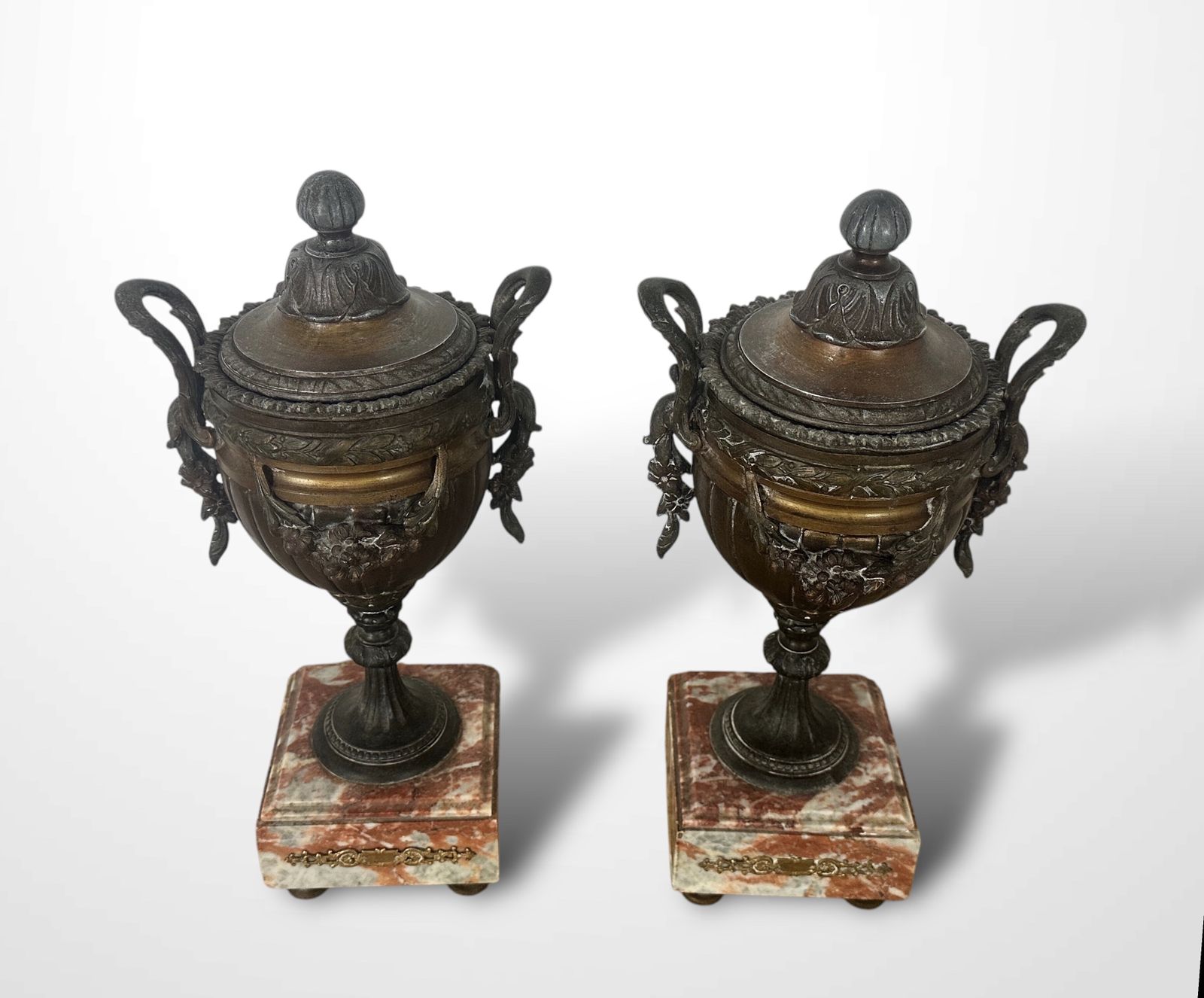 Pair Of French Spelters Urns On Marble Bases photo for sale