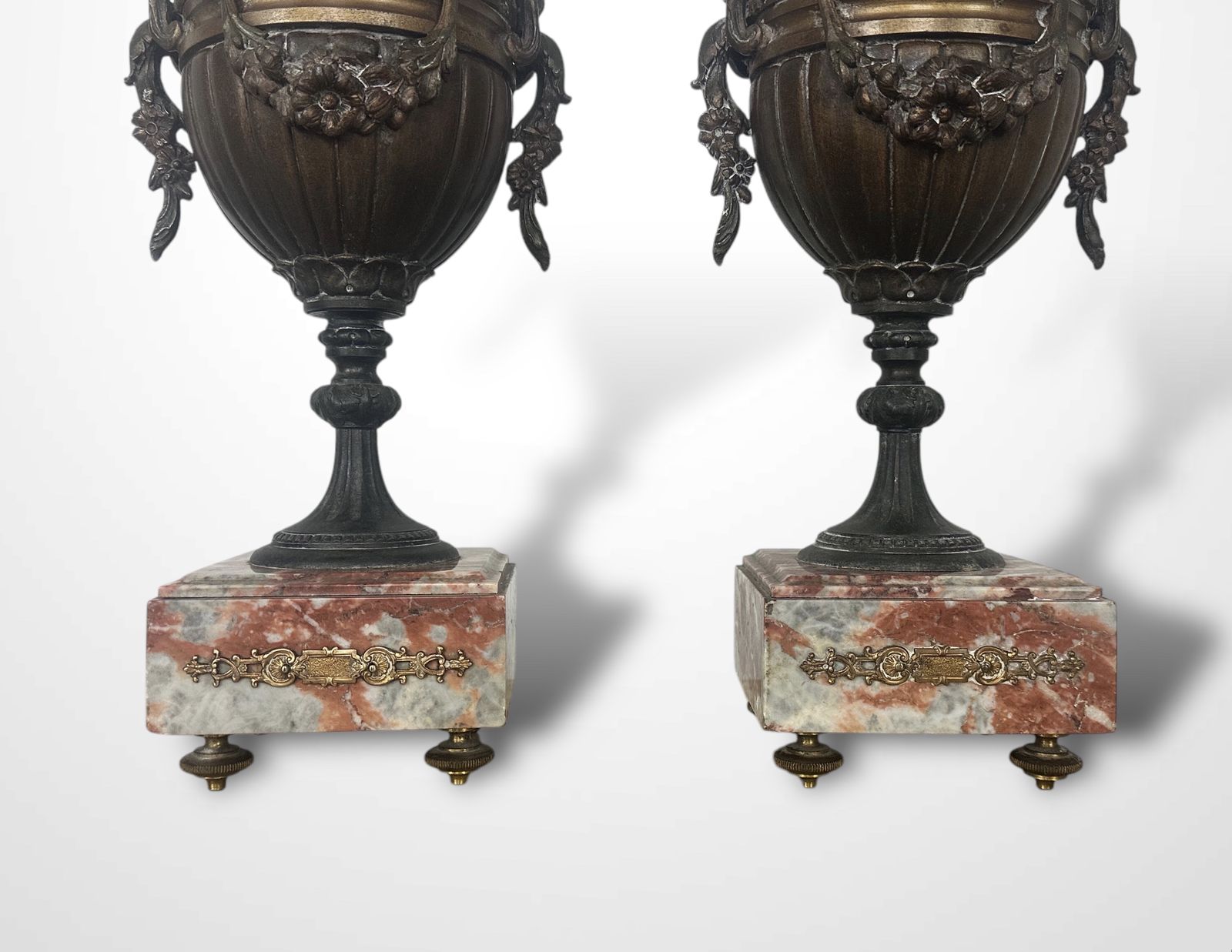 Pair Of French Spelters Urns On Marble Bases photo vintage