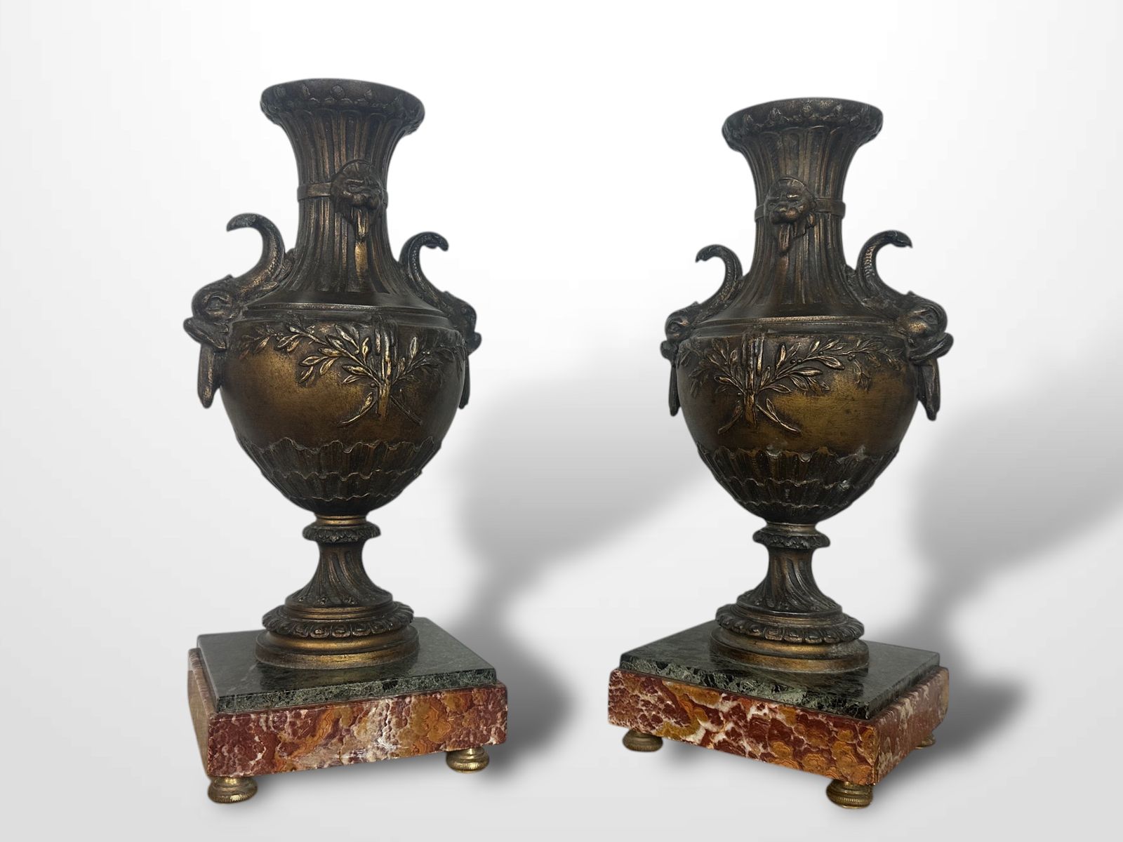 photo for sale Pair Of French Spelter Vases Urns On Marble Bases