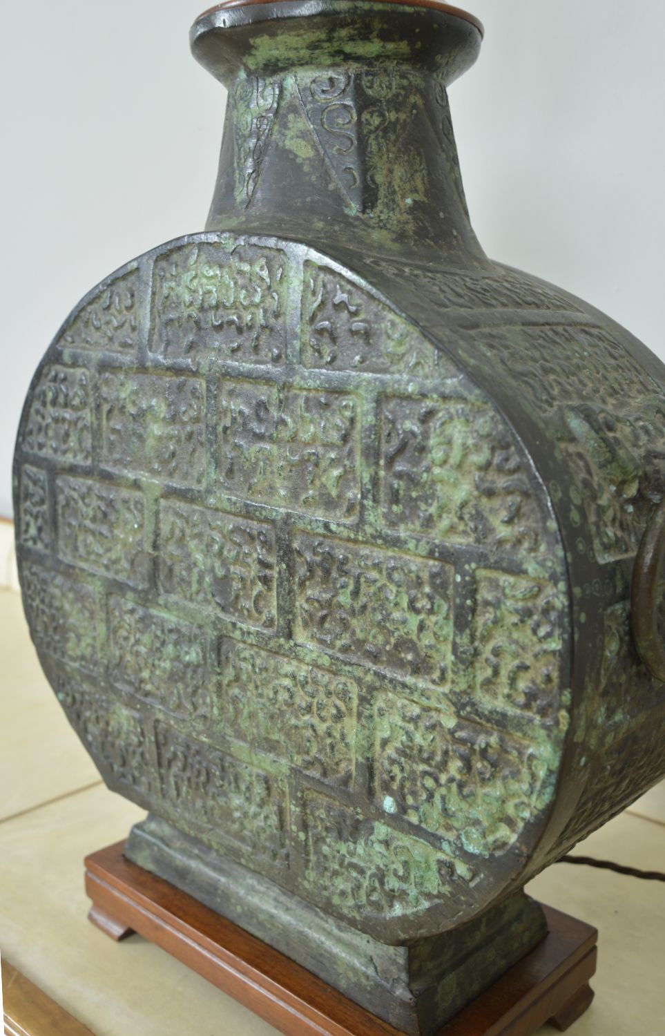 Heavy Chinese Bronze Moonflask Table Lamp Taotie Masks James Mont Han Dynasty Style Midcentury photo buy