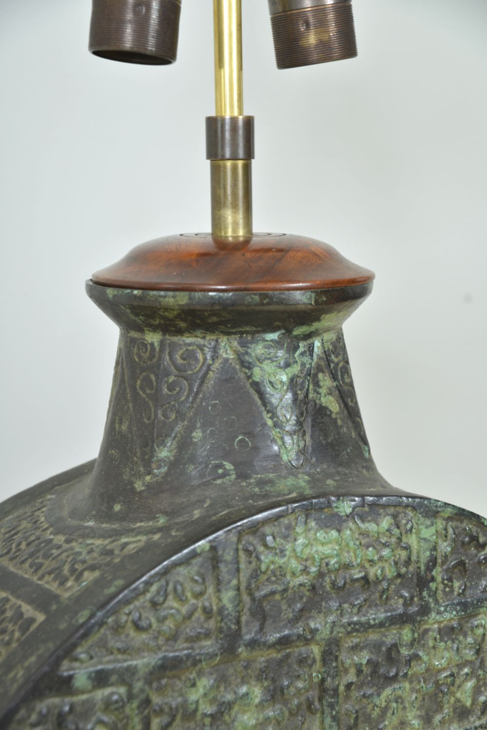 photo for sale Heavy Chinese Bronze Moonflask Table Lamp Taotie Masks James Mont Han Dynasty Style Midcentury