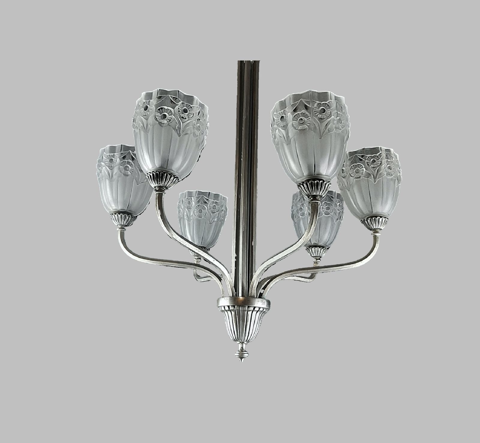 Art Deco Chandelier Elegant French 1930s Design Low 66cm Drop Glass Shades By Degue Daisies Model Nickel Plated Fixture photo Lighting