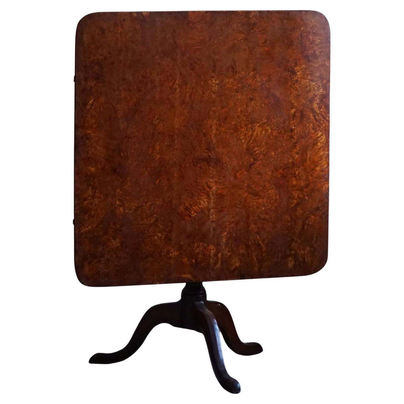 Antique Square Folding Table In Burl Wood, Handcrafted In Sweden, 19th Century