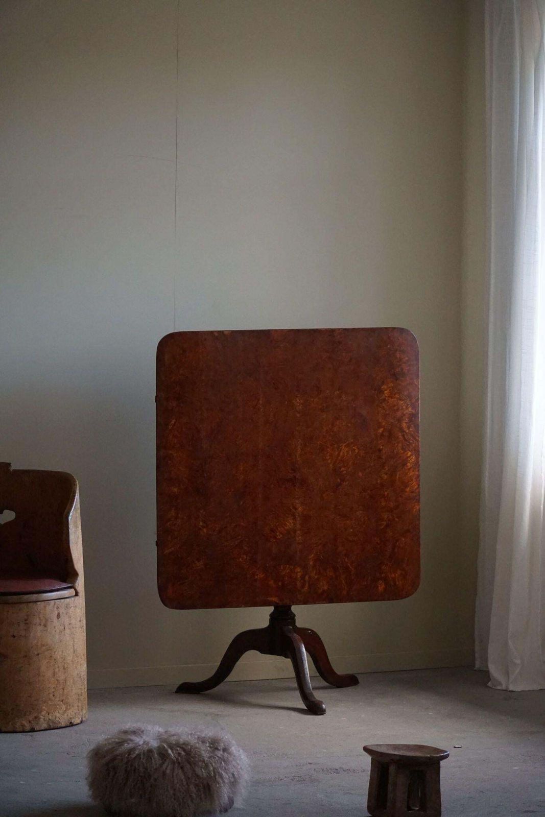 Antique Square Folding Table In Burl Wood, Handcrafted In Sweden, 19th Century photo furniture
