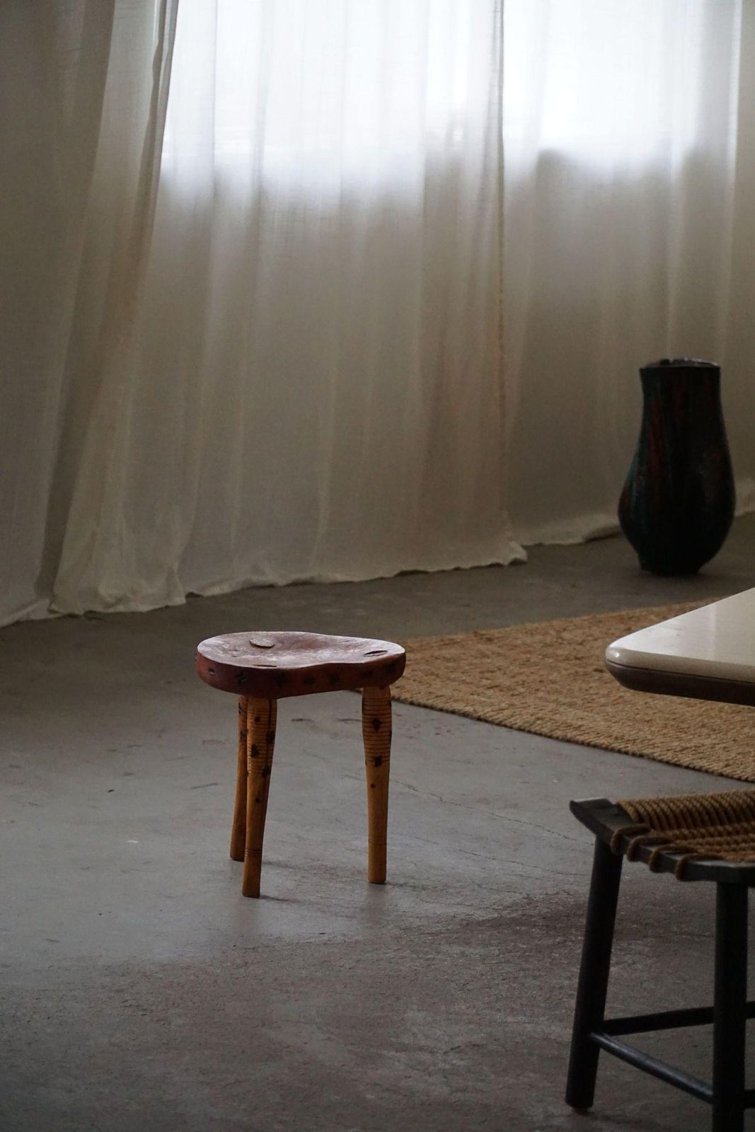 photo furniture Primitive Tripod Stool In Solid Pine, Swedish Modern, Ca 1950s