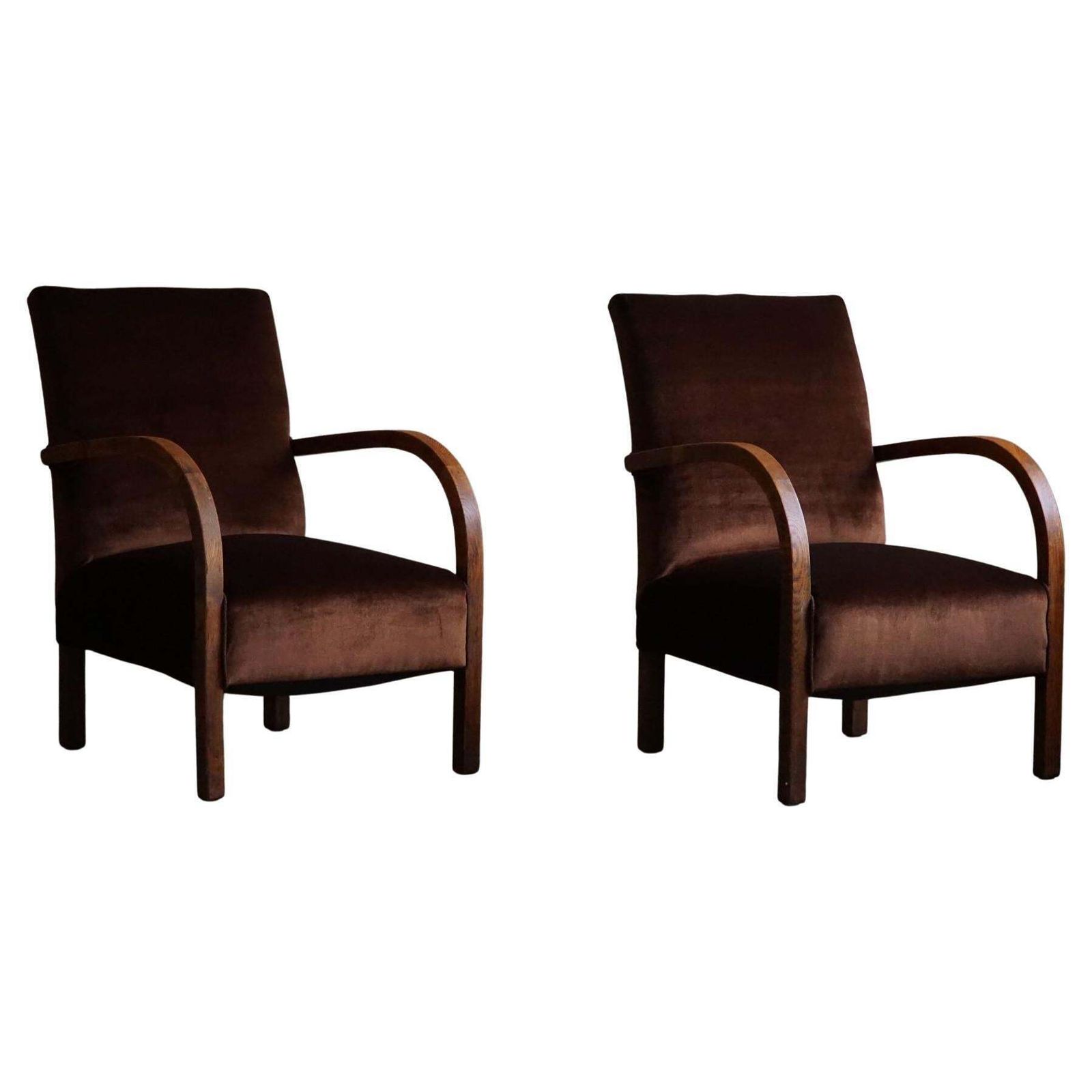 Fritz Hansen, Pair Of Danish Curved Art Deco Lounge Chairs, Reupholstered, 1940s