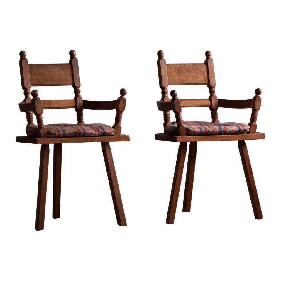 Hand Crafted Tripod Armchairs In Oak, By A Danish Cabinetmaker, Folk Art, 1930s