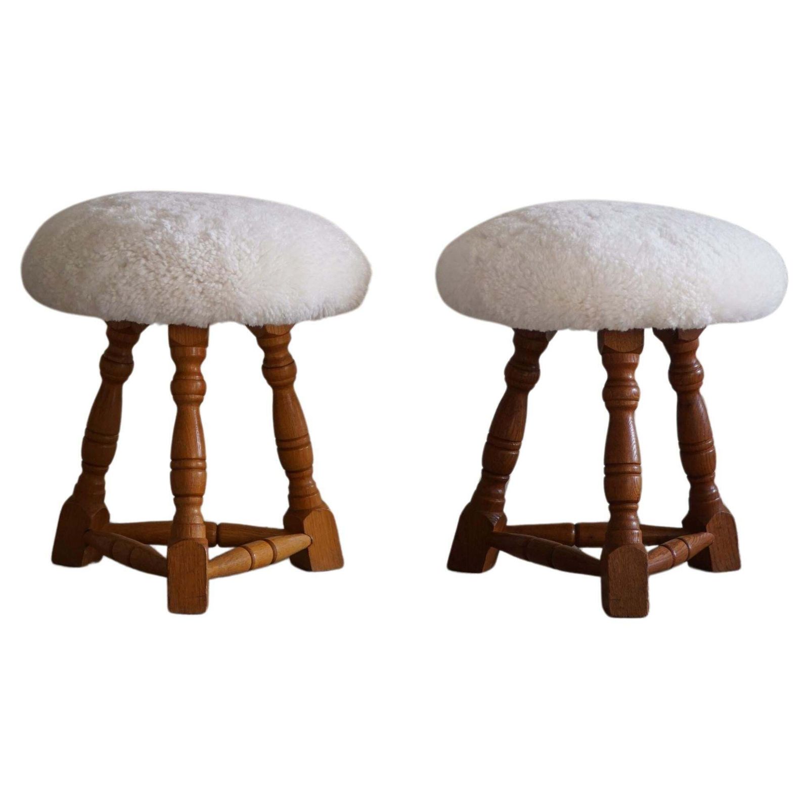 Danish Modern, A Pair Of Tripod Stools, Reupholstered Seats In Lambswool, 1950s