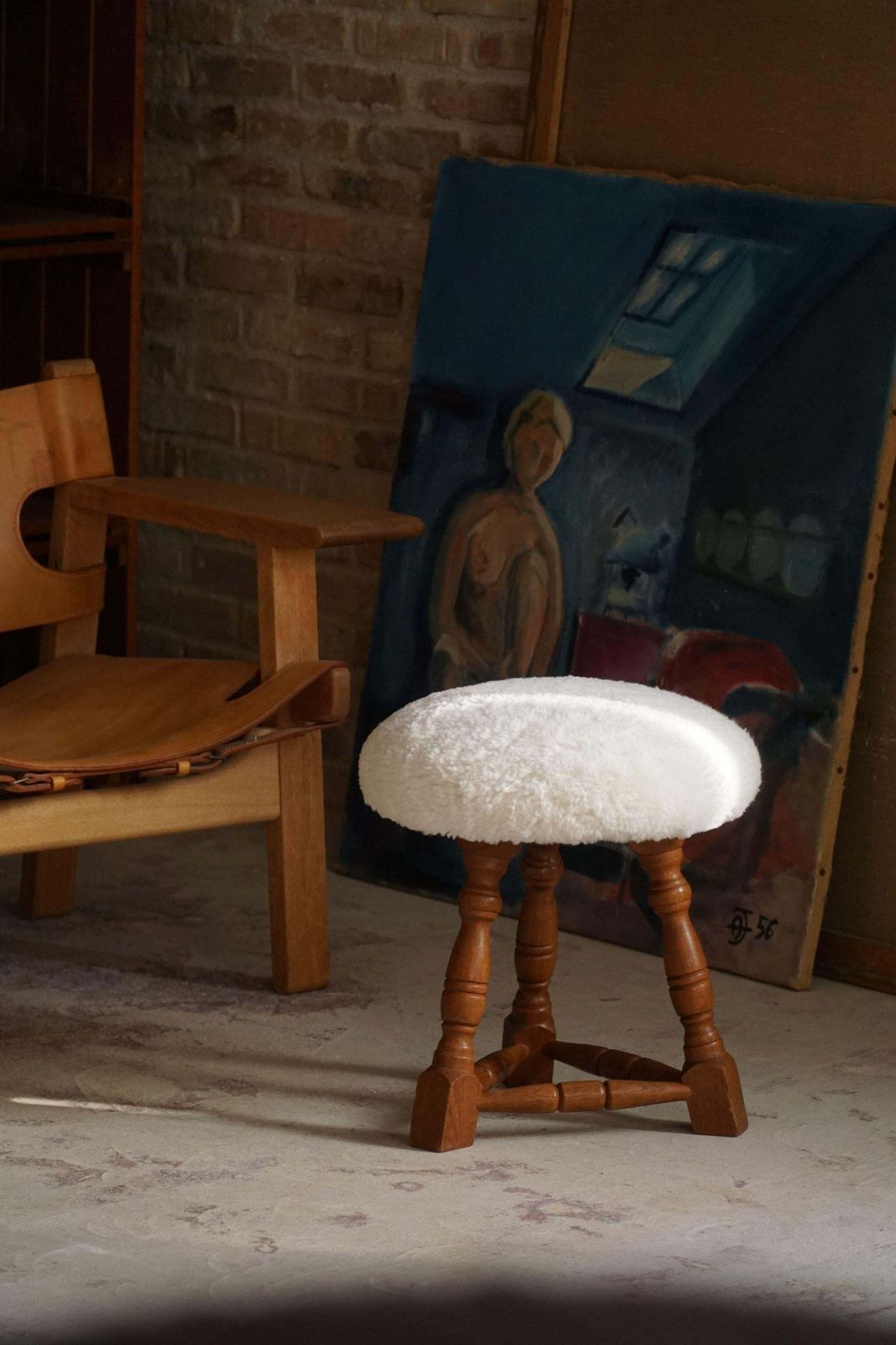 Danish Modern, A Pair Of Tripod Stools, Reupholstered Seats In Lambswool, 1950s photo for sale
