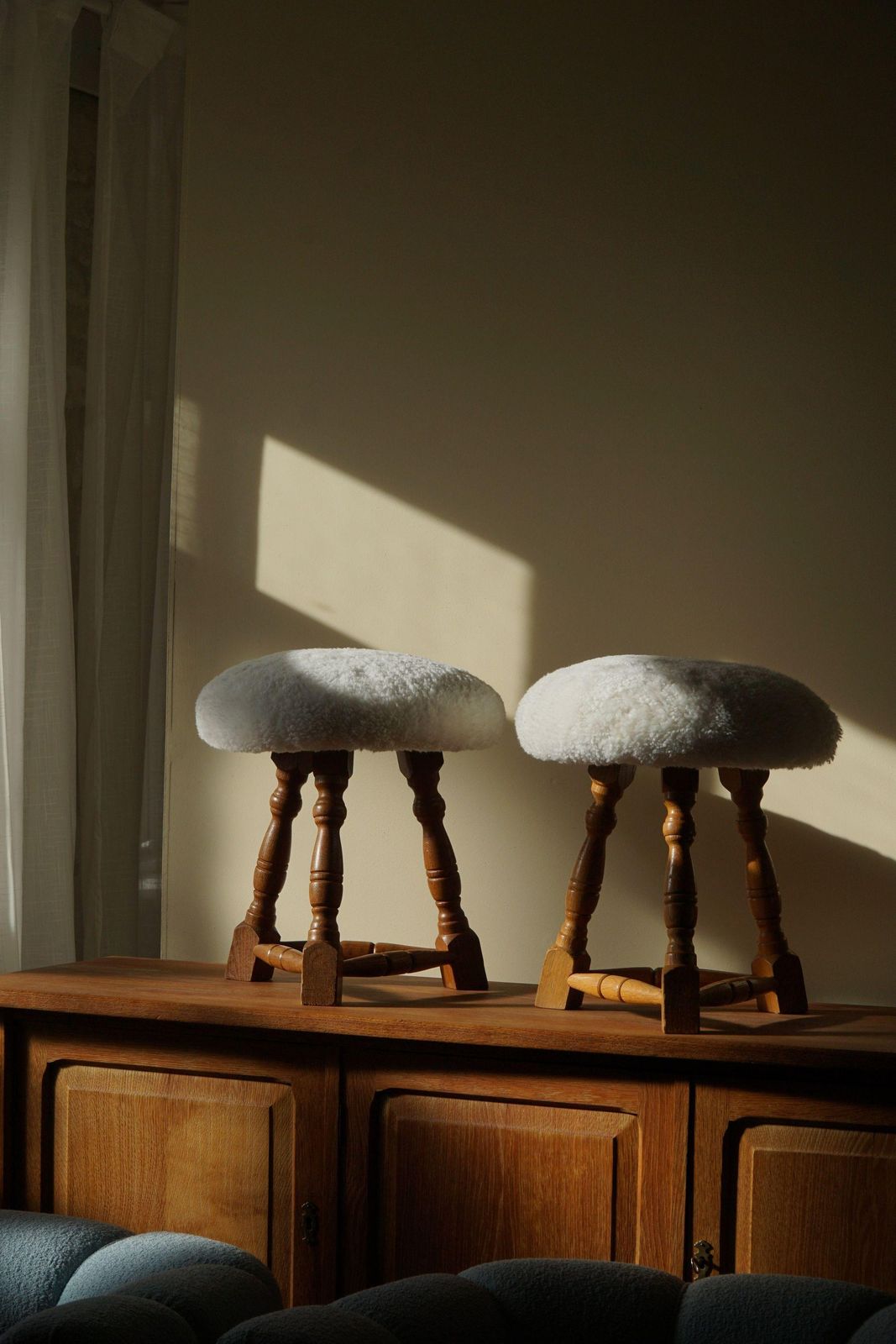 photo furniture Danish Modern, A Pair Of Tripod Stools, Reupholstered Seats In Lambswool, 1950s