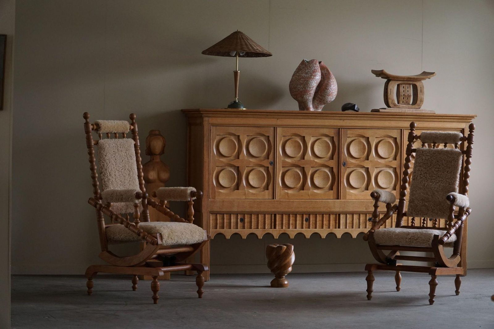 Danish Modern Sculptural Pair Of Rocking Chairs Lambswool & Oak, Brutalism, 1950 photo vinterior