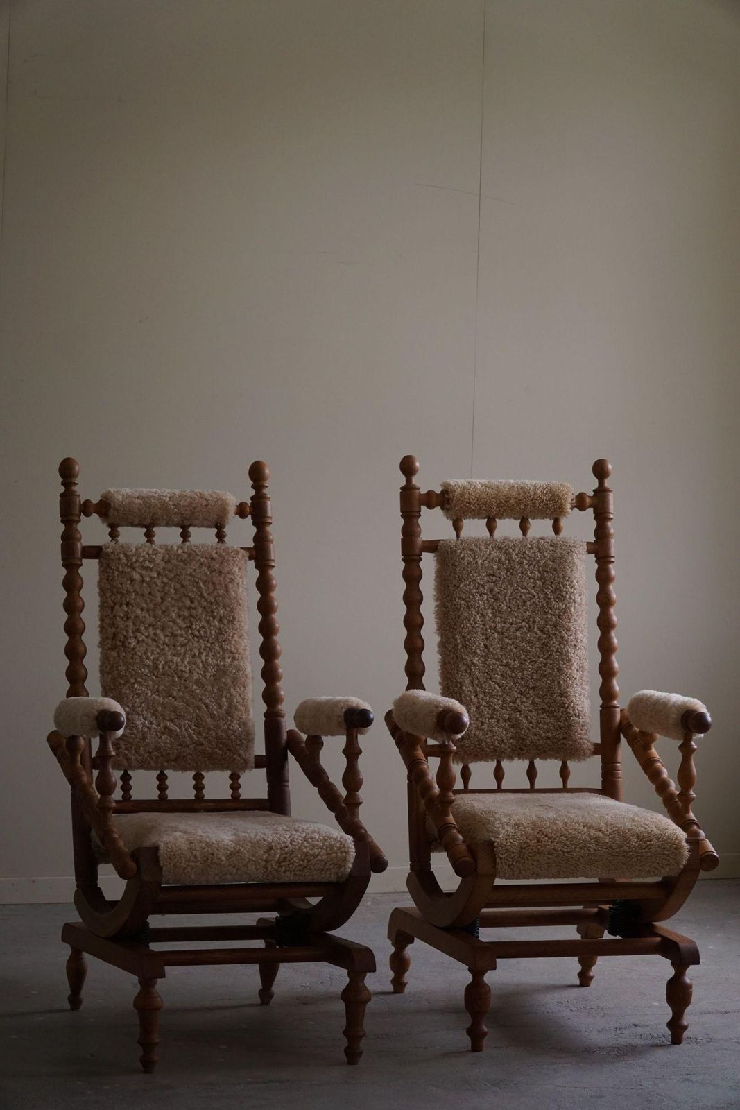 Furniture Danish Modern Sculptural Pair Of Rocking Chairs Lambswool & Oak, Brutalism, 1950 photo