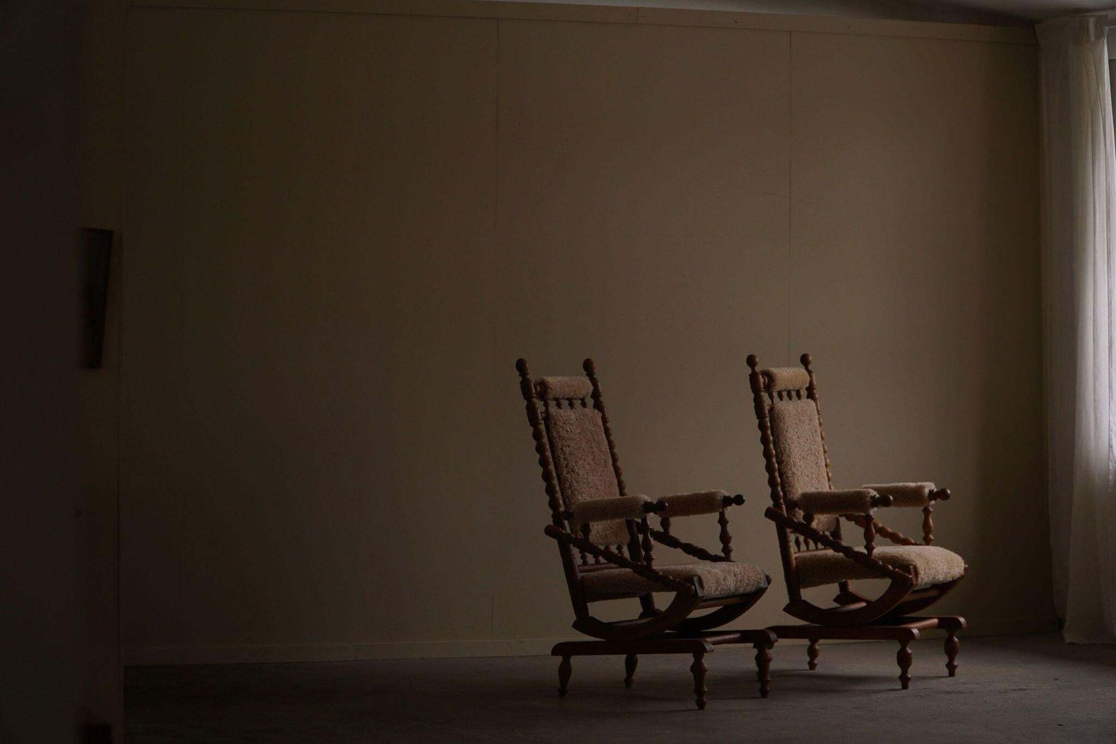 photo buy Danish Modern Sculptural Pair Of Rocking Chairs Lambswool & Oak, Brutalism, 1950