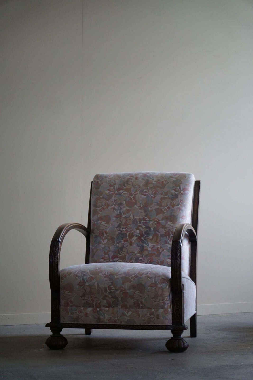 Furniture Pair Of Danish Art Deco Lounge Chairs, Oak & Vibrant Flora Fabric, 1940s photo