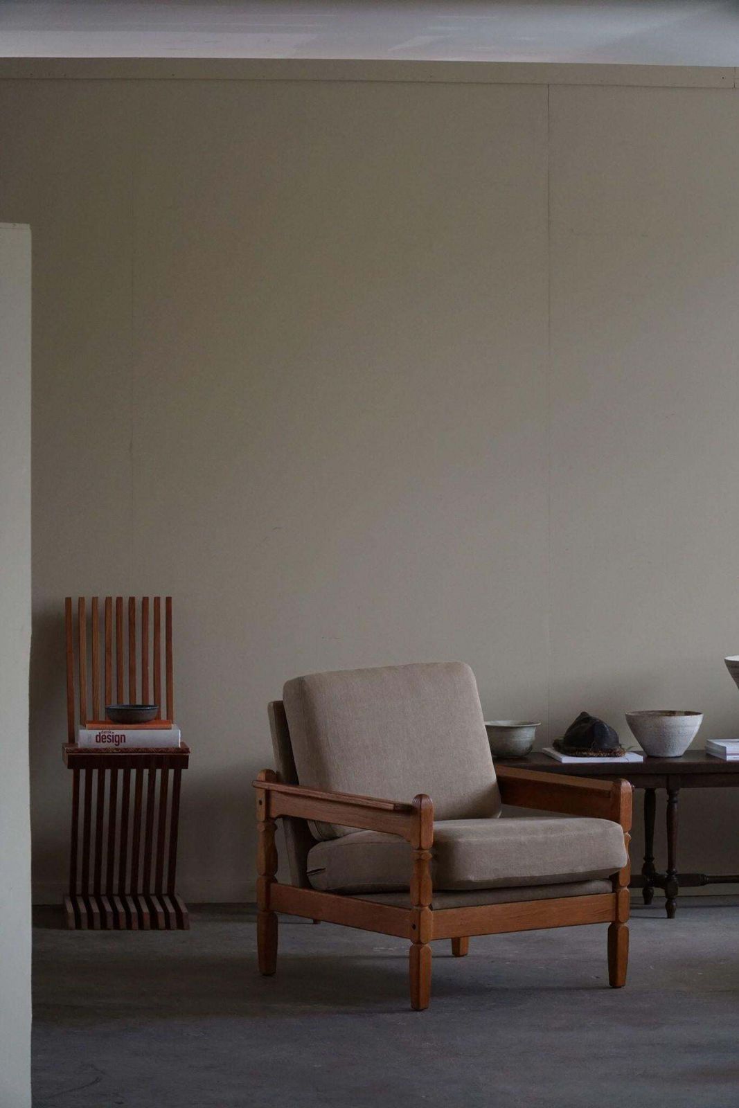 photo for sale Danish Modern, Pair Of Lounge Chairs In Oak & Linen, Henning Kjærnulf, 1960s
