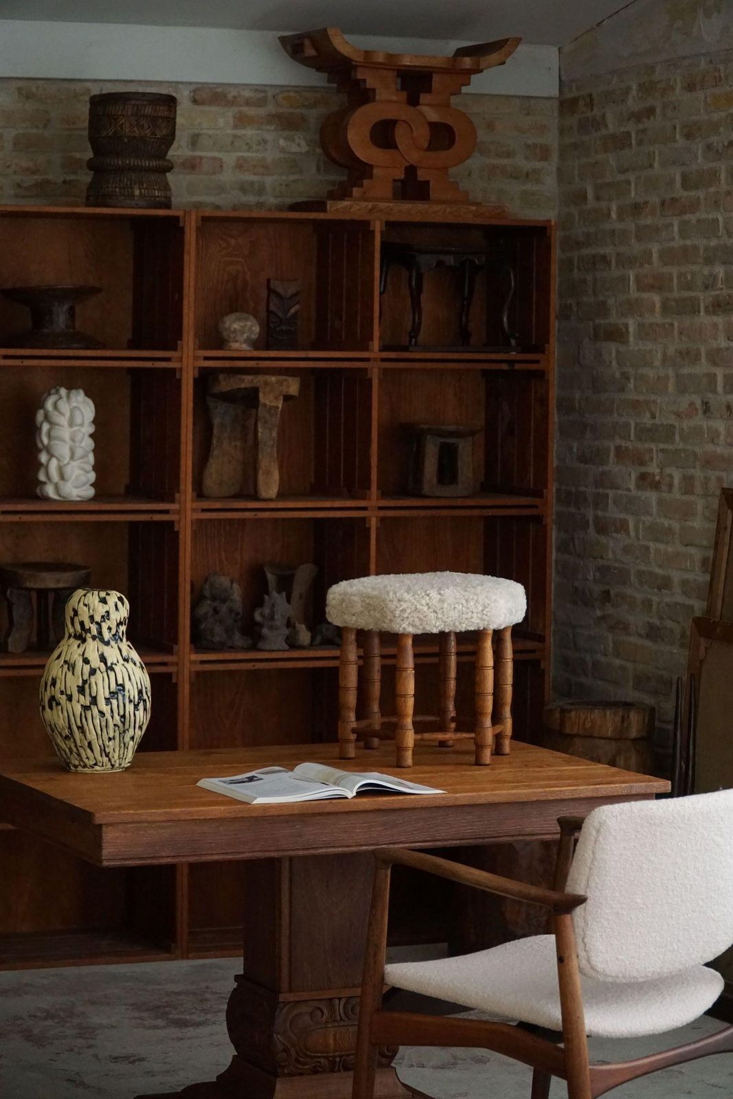 photo vinterior Danish Modern, A Hexagon Stool In Oak, Reupholstered Seat In Lambswool, 1950s