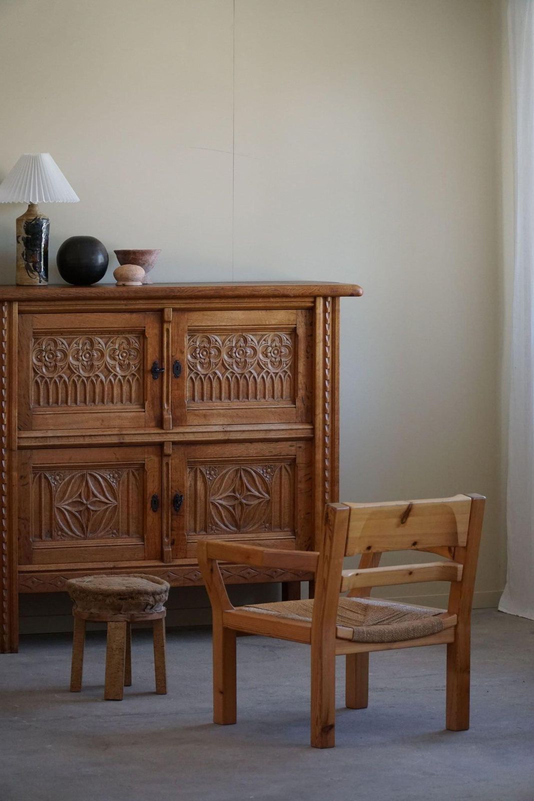 Tage Poulsen, A Pair Of Brutalist Chairs In Pine & Cord, Danish Modern, 1970s photo buy