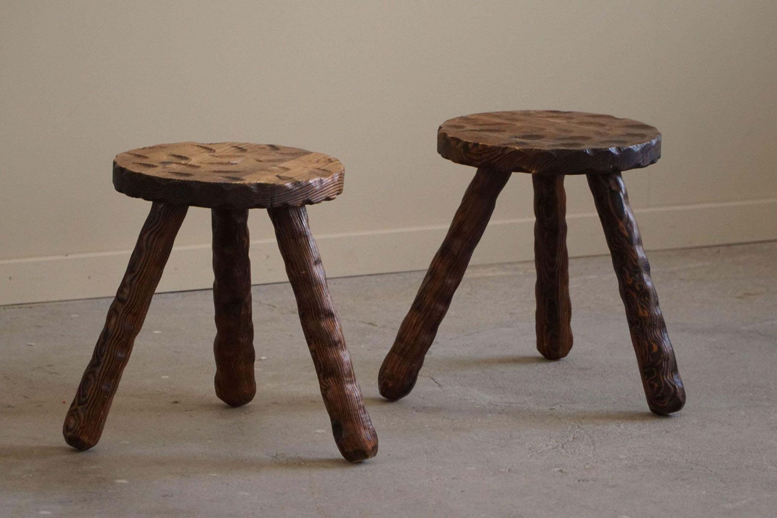 photo furniture A Pair Of Carved Wabi Sabi Stools In Pine, Swedish Mid Century Modern, 1960s