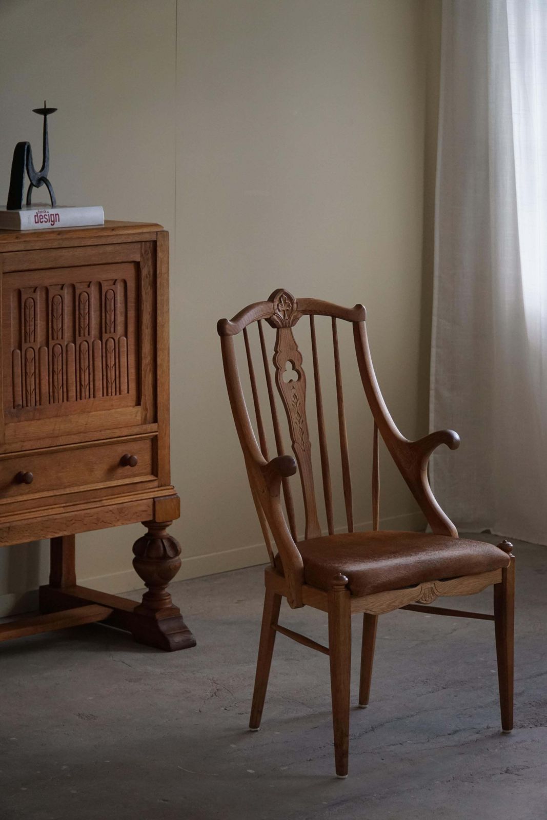 High Back Danish Armchair In Solid Oak & Leather Cushion, Mid Century, 1950s photo vintage