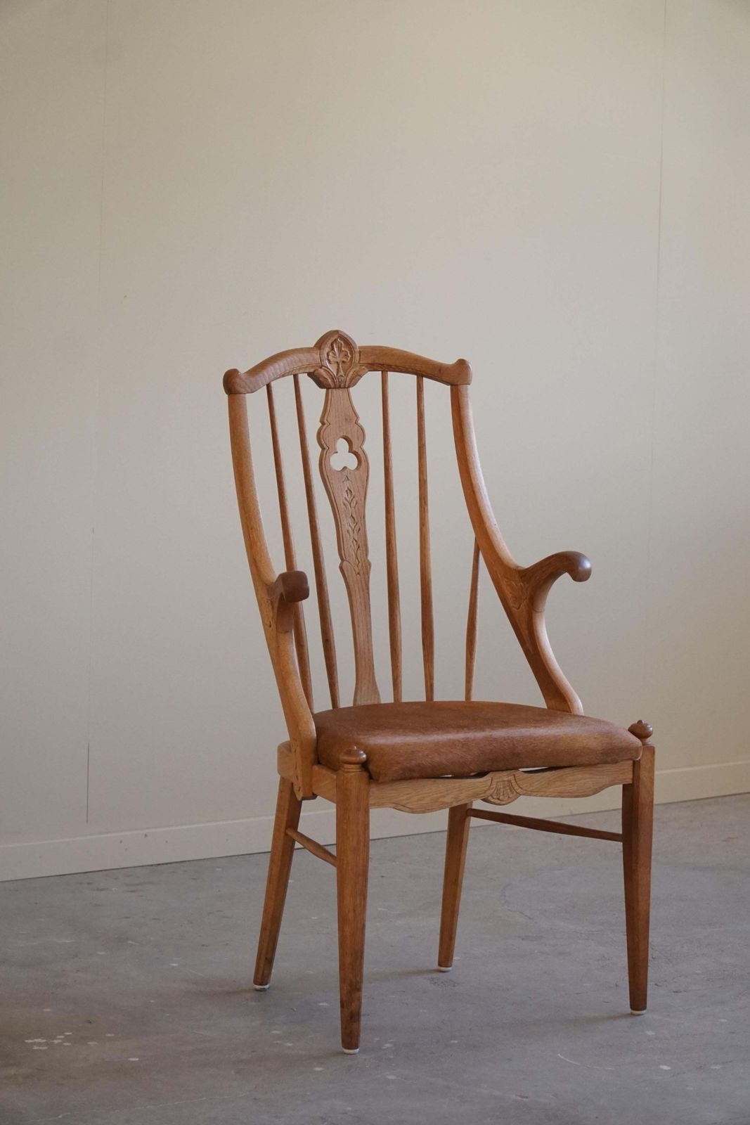 photo vinterior High Back Danish Armchair In Solid Oak & Leather Cushion, Mid Century, 1950s