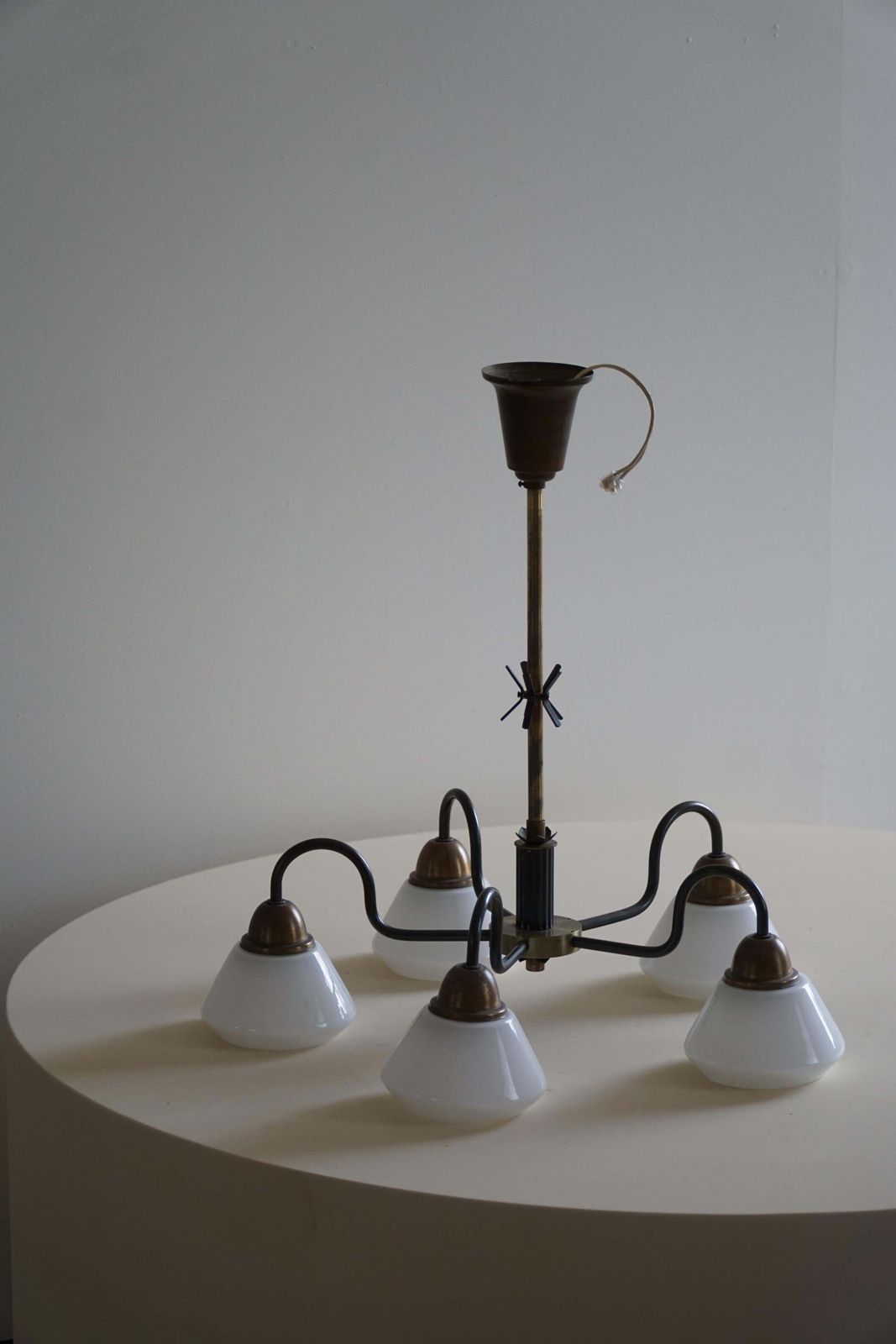 A Danish Modern 5 Headed Chandelier In Opal Glass & Brass, Art Deco, 1940s photo 1615.0