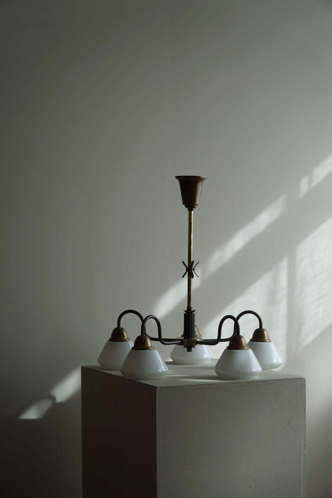 photo for sale A Danish Modern 5 Headed Chandelier In Opal Glass & Brass, Art Deco, 1940s
