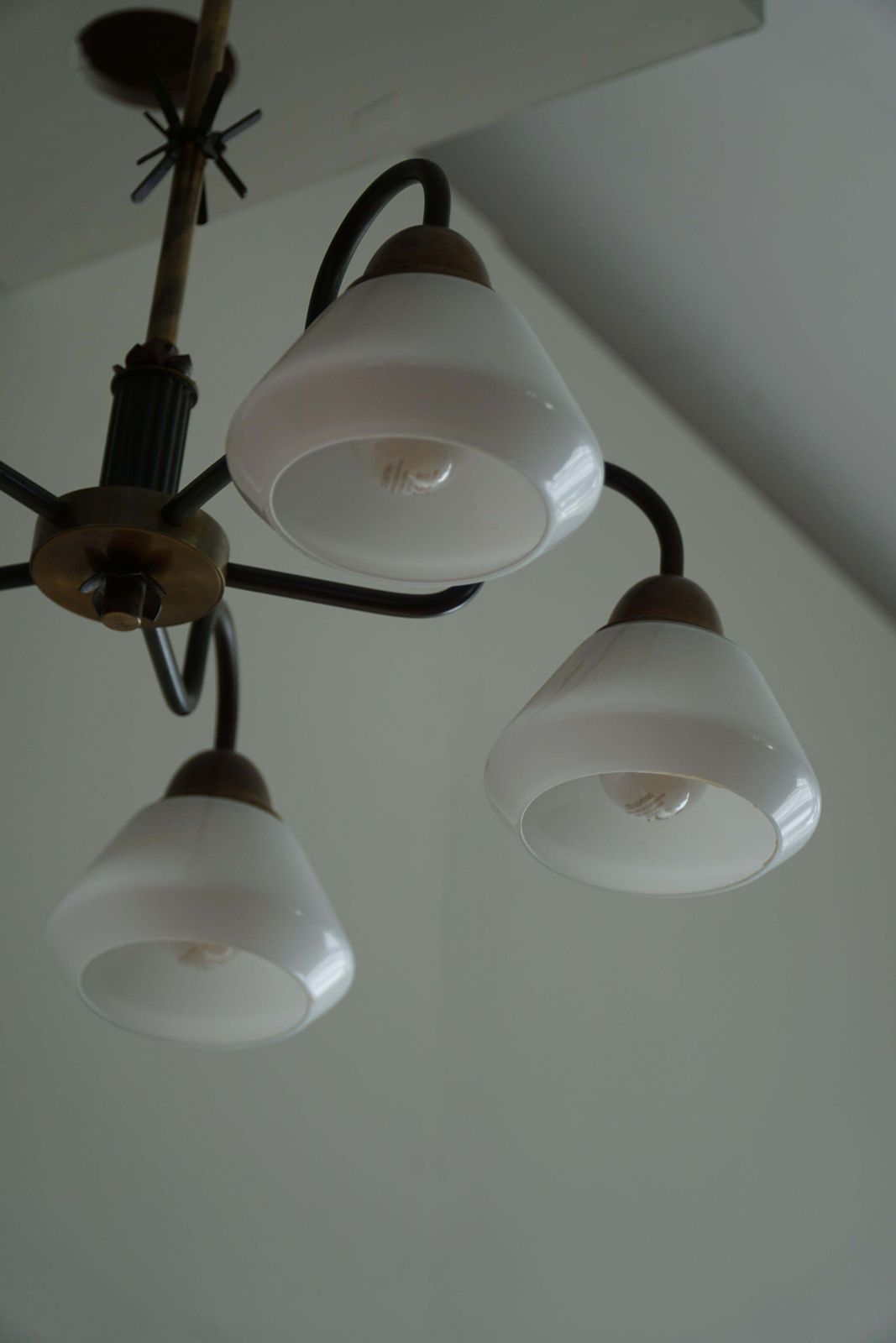 photo buy A Danish Modern 5 Headed Chandelier In Opal Glass & Brass, Art Deco, 1940s
