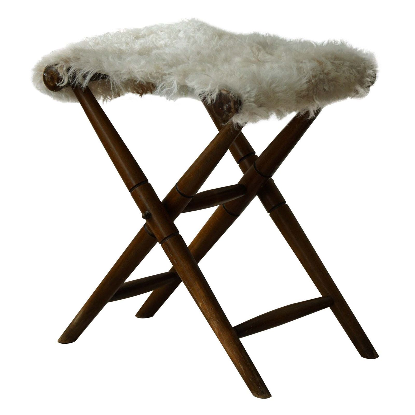 Foldable Stool, Reupholstered In Longhaired Sheepskin, Mid Century Modern, 1950s