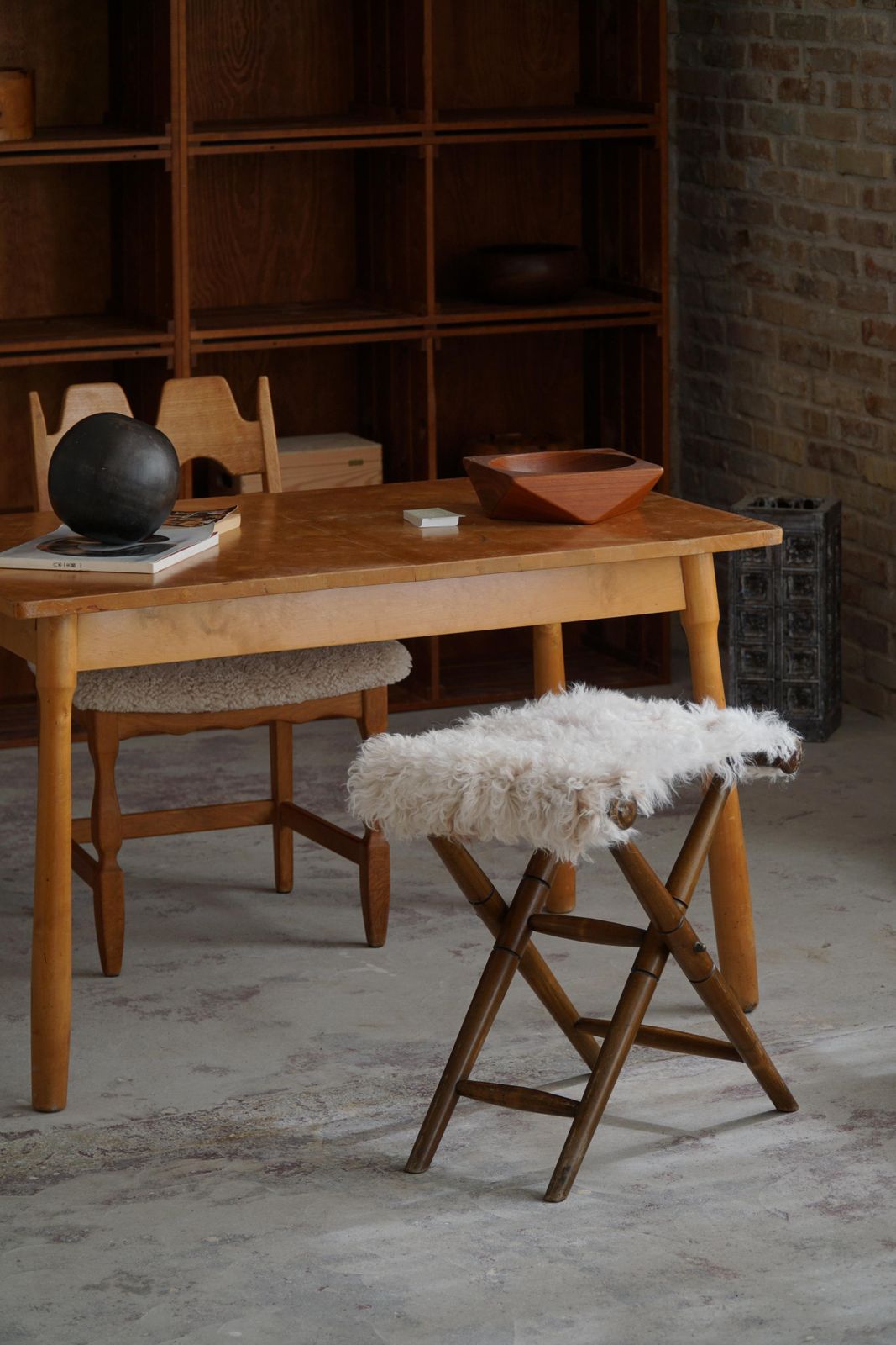 Foldable Stool, Reupholstered In Longhaired Sheepskin, Mid Century Modern, 1950s photo vinterior