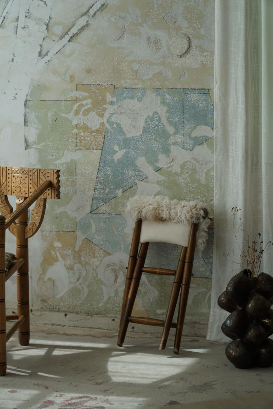 photo for sale Foldable Stool, Reupholstered In Longhaired Sheepskin, Mid Century Modern, 1950s