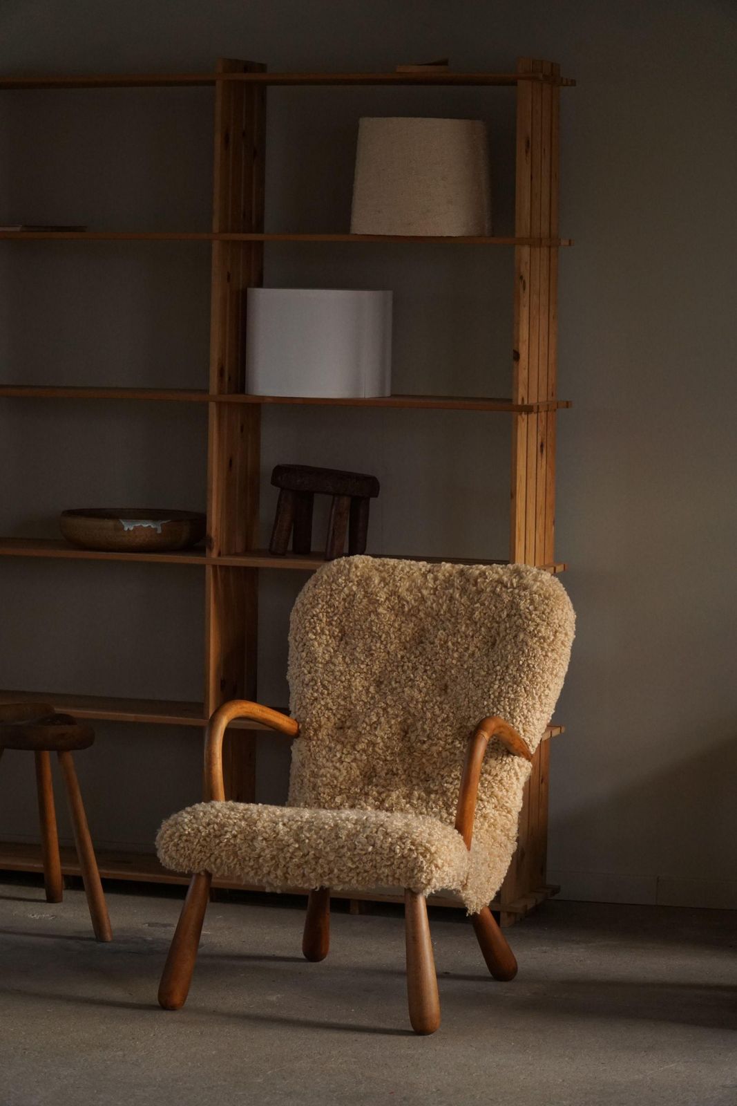 Pair Of Clam Lounge Chairs In Lambswool, Skive Møbelfabrik, Denmark, 1950s photo buy